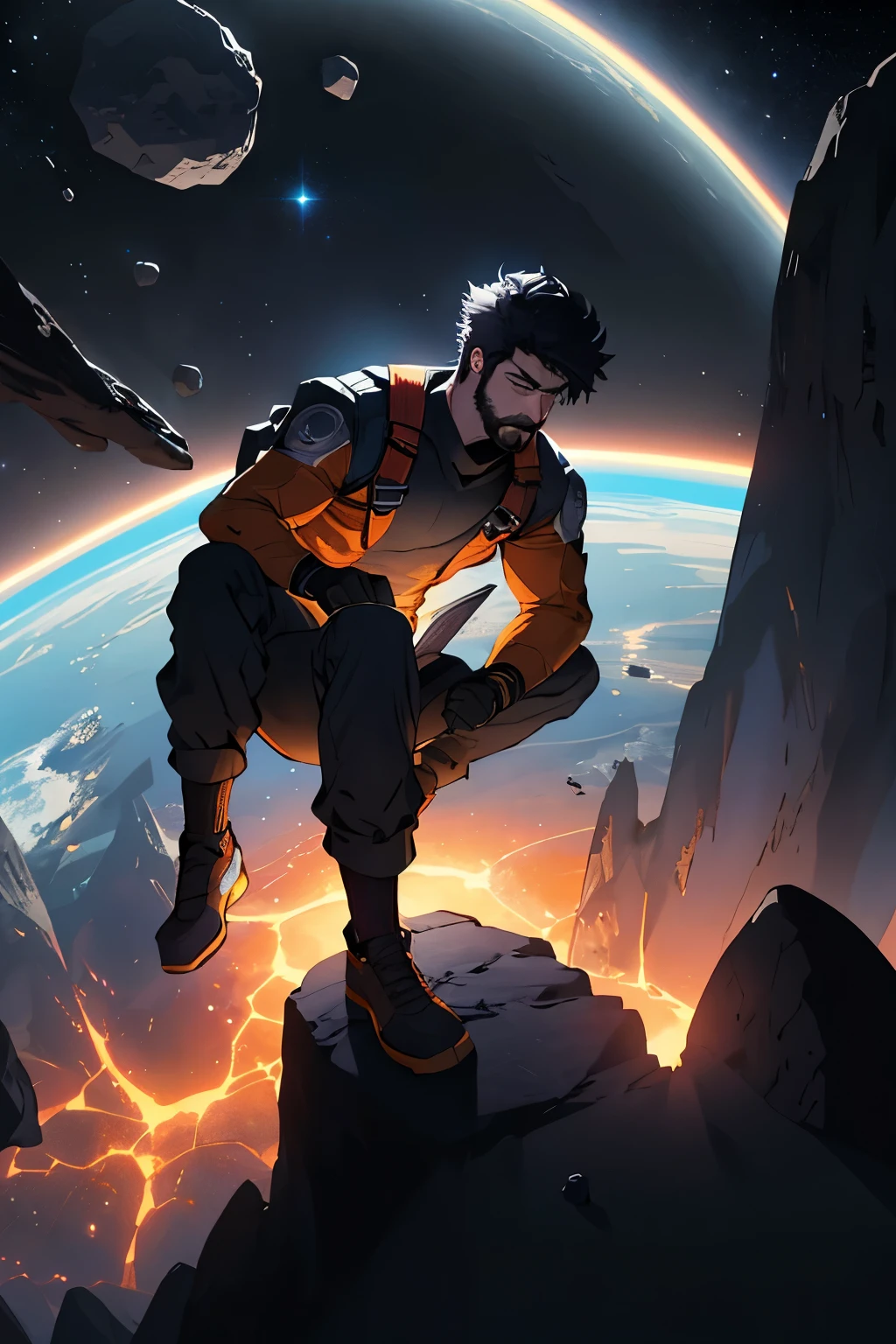 Draw a young programmer, sitting on a research platform floating in the middle of an asteroid belt. He is studying with a notebook, surrounded by several asteroids glowing with fiery auras. Dramatic lighting from distant stars and planets illuminates the scene, casting deep shadows on the suit. The young man looks confident and determined, looking at the vast and mysterious universe with wonder and respect,facial hair, cowboy shot,