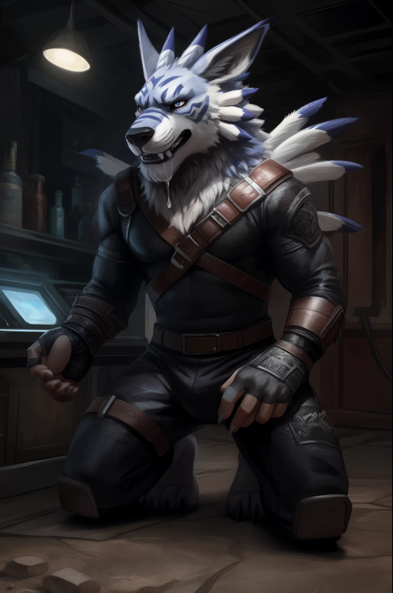 (((Barefoot furry character, full body, cinematic setting, furry male))) Barefoot (hypnotised) WereGarurumon wears ((black ninja suit)), get down on one knee as if praying, detailed paws with claws, blue fur, in a trance, a look of weak resistance to hypnosis on his face, hand on head as if he has headache, (drooling), ((red glow in his eyes)), side view BREAK, detailed background, 8K, (masterpiece:1.5), intricate details, highly detailed, extreme detail, octane render, tritone image, fine art, best quality, highres, (detailed face:1.5), ((full_body)), UHD, (((perfect hands)))