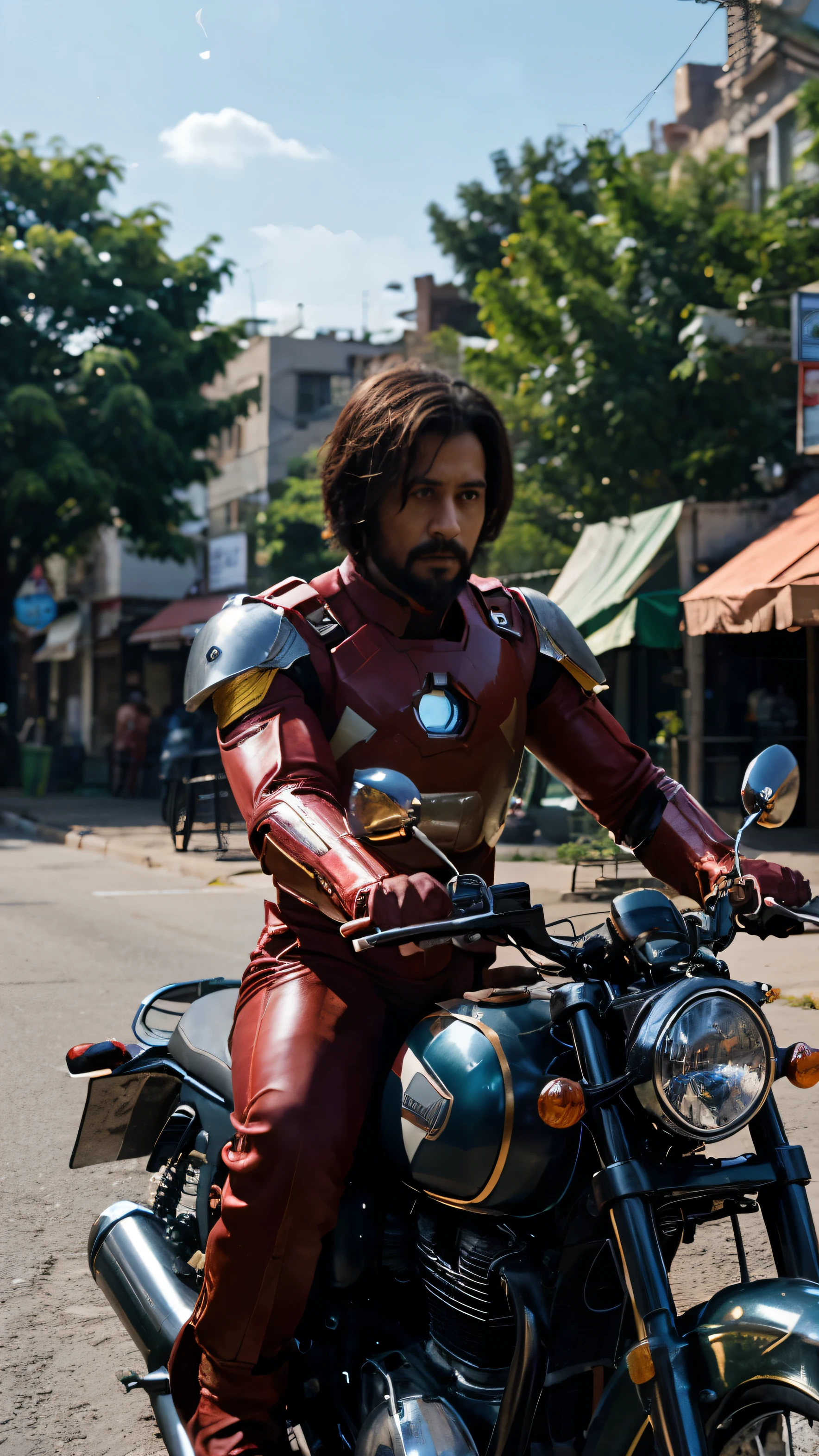 A man in a royal Enfield, wearing a iron man suit, riding through a Indian city, looking towards you,1DX Mark III, Canon EF 85mm f/1.4 L IS USM Lense, shutter speed 1/125, aperture f/11.0, ISO 100, 8k, UHD, cinematography, photorealistic,
epic composition, cinematic, color grading, depth of field, hyper-detailed, editorial photography,
photoshoot, super-resolution, megapixel, prophoto RGB