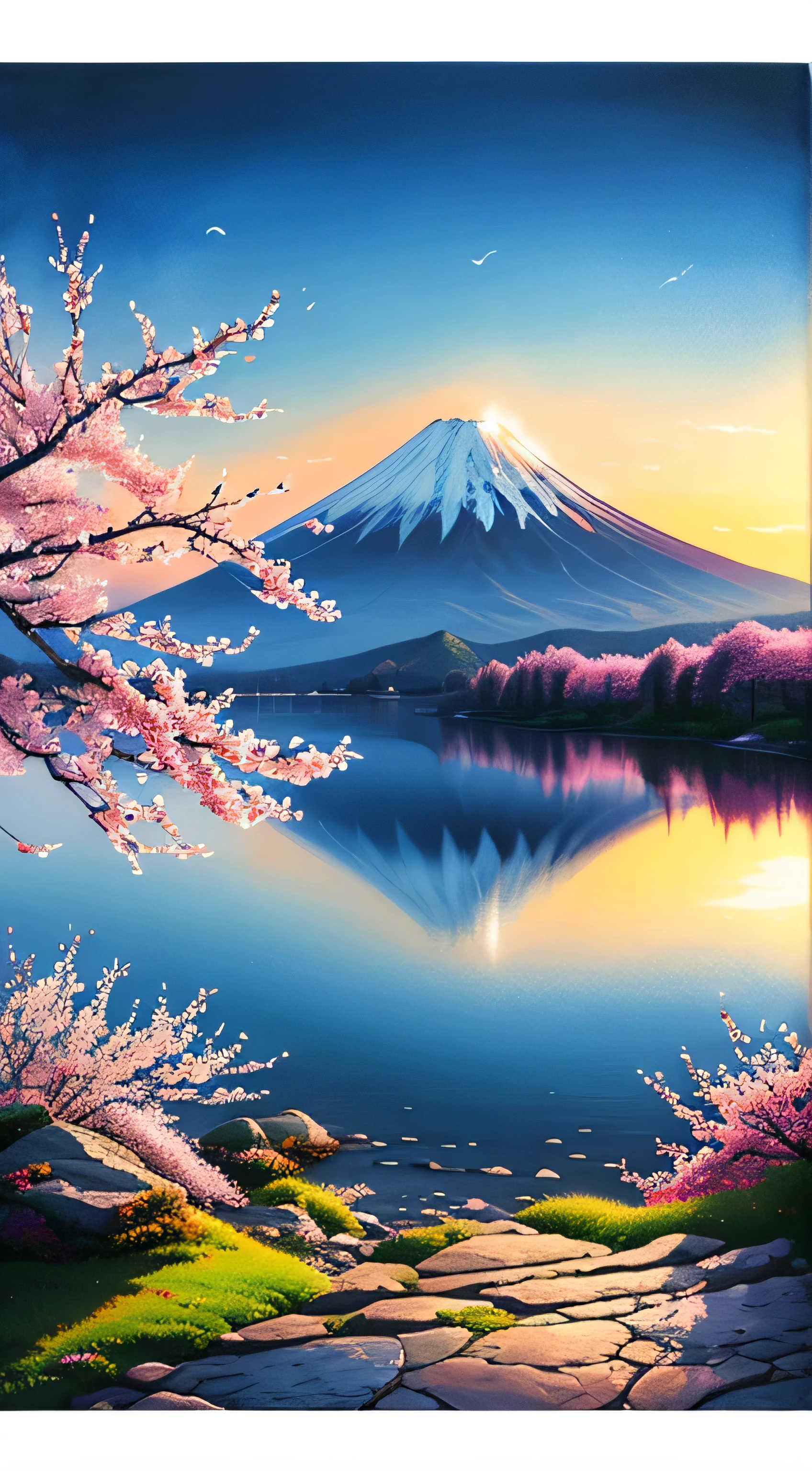 beautiful mountain painting. Mt.Fuji in spring , Moody and meaningful scenes in the style of Thomas Kinkade ,HD 4K , seamless texture, watercolor、cherry blossoms、
