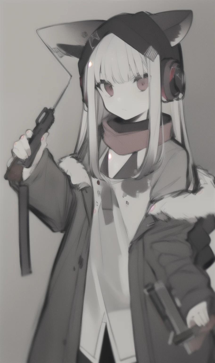 finely, highest quality, figure,High resolution,intricate details, very delicate and beautiful,
1 girl, alone,Qin's Heart,
long hair,silver hair,Ahoge，Headphones worn around the neck，gun,long sleeve,white shirt,Jacket，off shoulder，fur trim，ファートリムJacket，red eyes, White fox ears,
empty eyes,holding a rifle in hand，
 