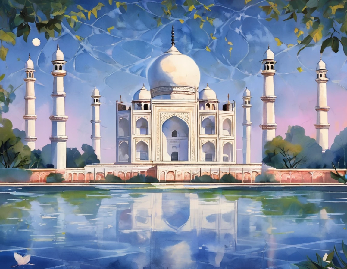 A breathtaking illustration of the Taj Mahal, with a serene and tranquil atmosphere. The ivory-white marble structure stands tall, reflecting in the shimmering pools. The full moon casts a soft, ethereal light, illuminating the intricate floral motifs and geometric patterns adorning the facade. The surrounding gardens are lush and well-maintained, with a subtle breeze rustling the leaves. The overall composition is a testament to the Taj Mahal's grandeur, elegance, and exquisite symmetry.