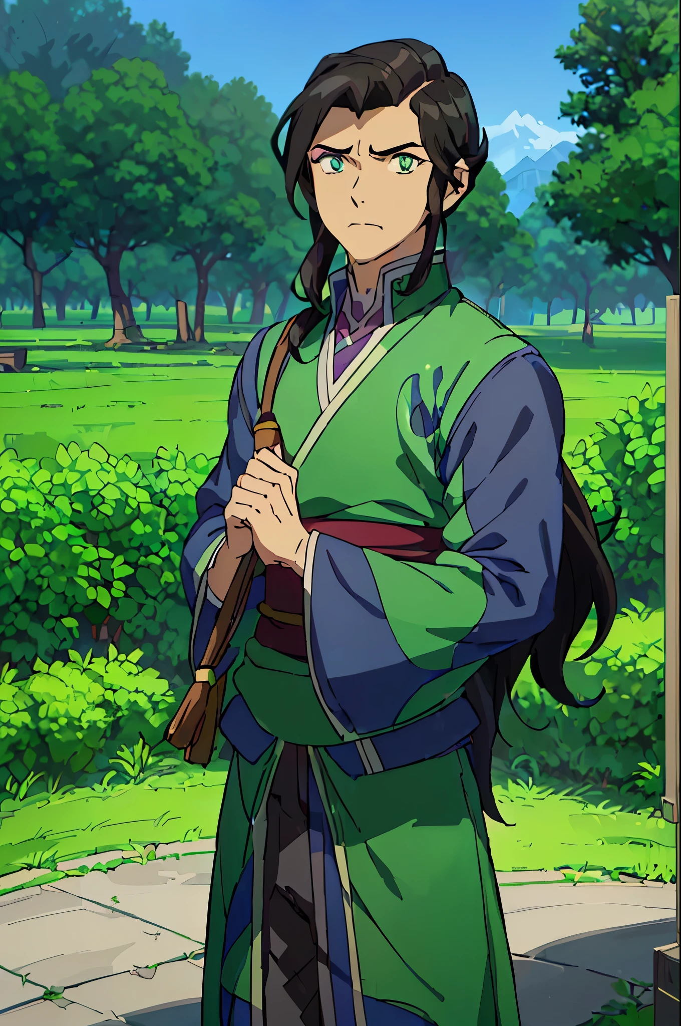 (tmasterpiece)，(best quality)，((avatar_the_legend_of_korra)), Wearing a green imperial manchu costume, short black hair, Sharp green eyes, He is a inocent hero, He looked sad, ((No more than one person)), ((MAN)), ((short boy)), ((12_year_old_boy)), ((one_person)), open green field