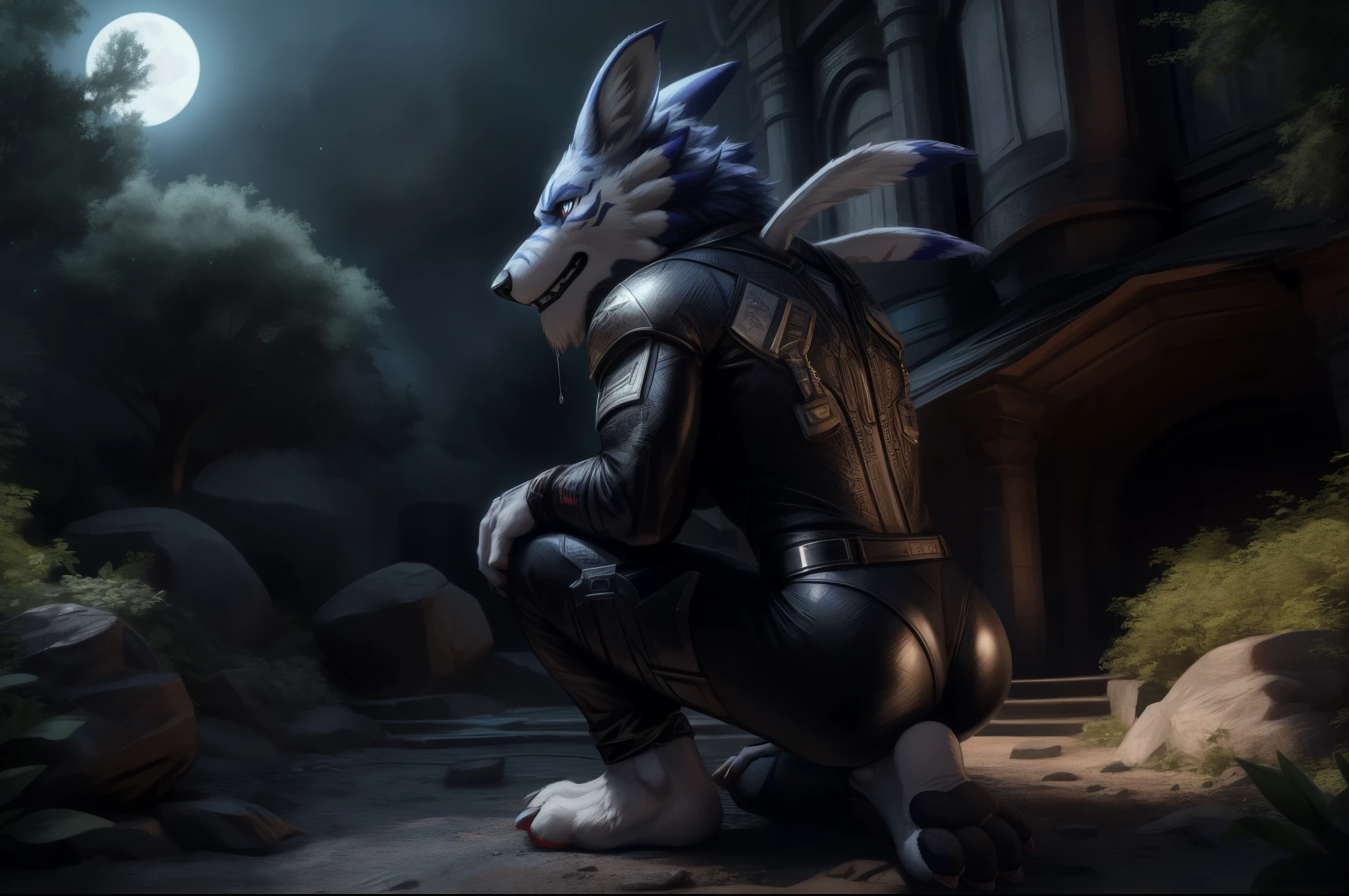 (((Barefoot furry character, full body, cinematic setting, furry male))) Barefoot (hypnotised) WereGarurumon wears ((black ninja suit)), get down on one knee as if praying, detailed paws with claws, blue fur, in a trance, a look of weak resistance to hypnosis on his face, hand on head as if he has headache, (drooling), ((red glow in his eyes)), side view BREAK, detailed background, 8K, (masterpiece:1.5), intricate details, highly detailed, extreme detail, octane render, tritone image, fine art, best quality, highres, (detailed face:1.5), ((full_body)), UHD, (((perfect hands)))