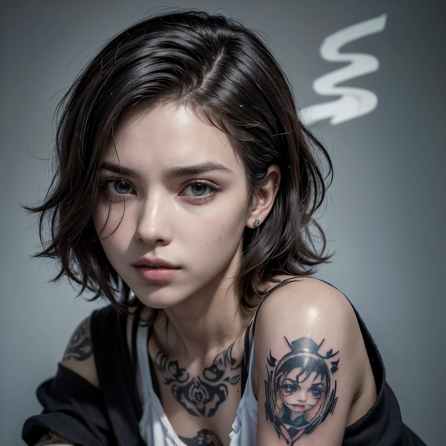 (((melhor qualidade))), (((()) com o rosto fino))), ((cabelo tomboy)), ((( cabelo raspado na lateral direita))), ((tattoo on the arms and neck)), ((a cigarette in hands)), ((gangster)), ((temperamento forte)), ((olho escuro)), ((jaqueta de couro preta)), ((desfem)), ((meio masculina)), ((cabelo bem curtinho)), ((((com roupas pretas)))), (((rosto mais masculino))), ((Shorter hair in the back and layered in the front)), (((somente uma pessoa na foto))).