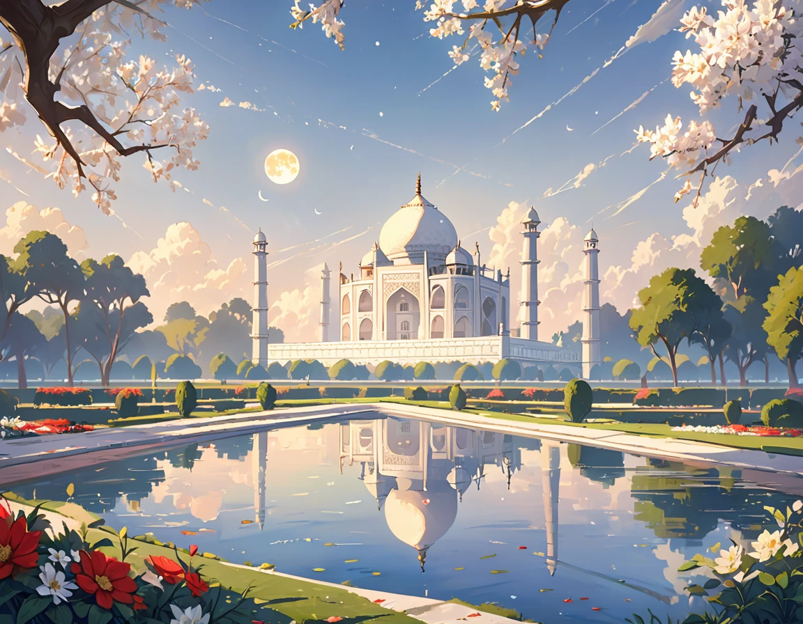 A breathtaking illustration of the Taj Mahal, with a serene and tranquil atmosphere. The ivory-white marble structure stands tall, reflecting in the shimmering pools. The full moon casts a soft, ethereal light, illuminating the intricate floral motifs and geometric patterns adorning the facade. The surrounding gardens are lush and well-maintained, with a subtle breeze rustling the leaves. The overall composition is a testament to the Taj Mahal's grandeur, elegance, and exquisite symmetry.