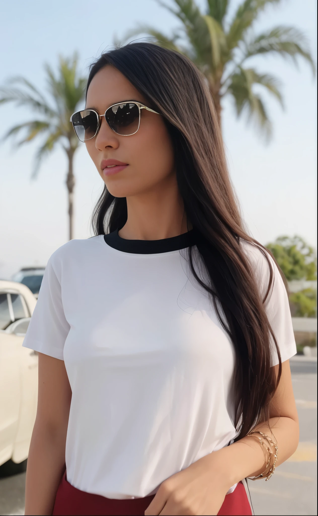araffe woman with long hair and sunglasses standing in front of a car, vestido com uma camiseta branca, Topo branco, Violeta Myers, Vestida com uma camiseta branca, Mulher de 30 anos de Cuba, 2 modelo feminino de 4 anos, vestido com camisa branca, vestindo um top fofo, Senhora deslumbrante, camisa apertada