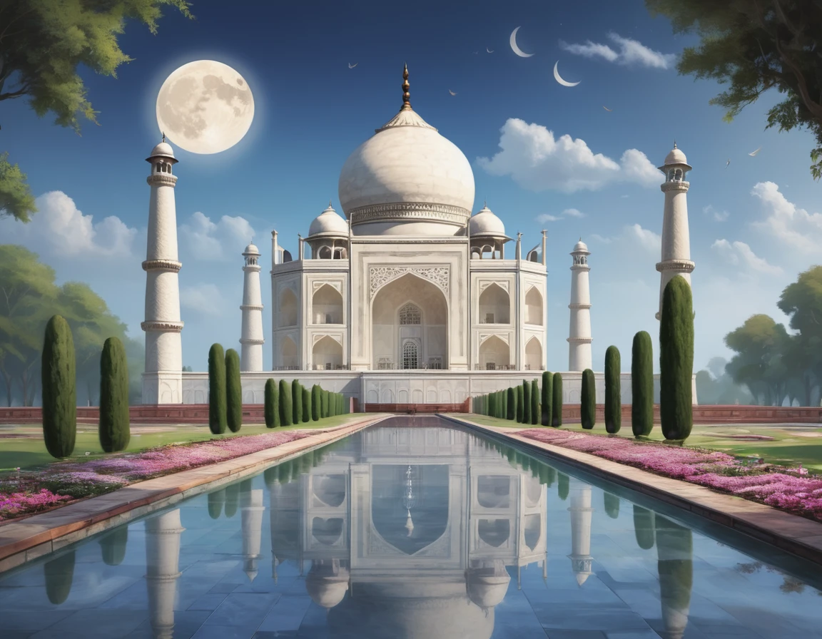A breathtaking illustration of the Taj Mahal, with a serene and tranquil atmosphere. The ivory-white marble structure stands tall, reflecting in the shimmering pools. The full moon casts a soft, ethereal light, illuminating the intricate floral motifs and geometric patterns adorning the facade. The surrounding gardens are lush and well-maintained, with a subtle breeze rustling the leaves. The overall composition is a testament to the Taj Mahal's grandeur, elegance, and exquisite symmetry.