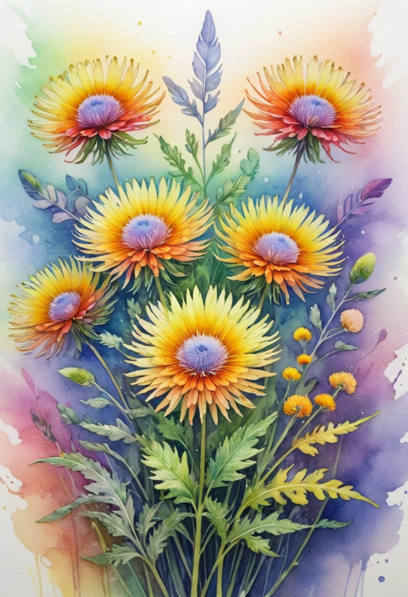 Symmetry, watercolor painting, Featherweed flowers of rainbow color, dreamy feeling, Dynamic angles, elegant atmosphere, (best quality, masterpiece, Representative work, official art, Professional, high details, Ultra intricate detailed:1.3)