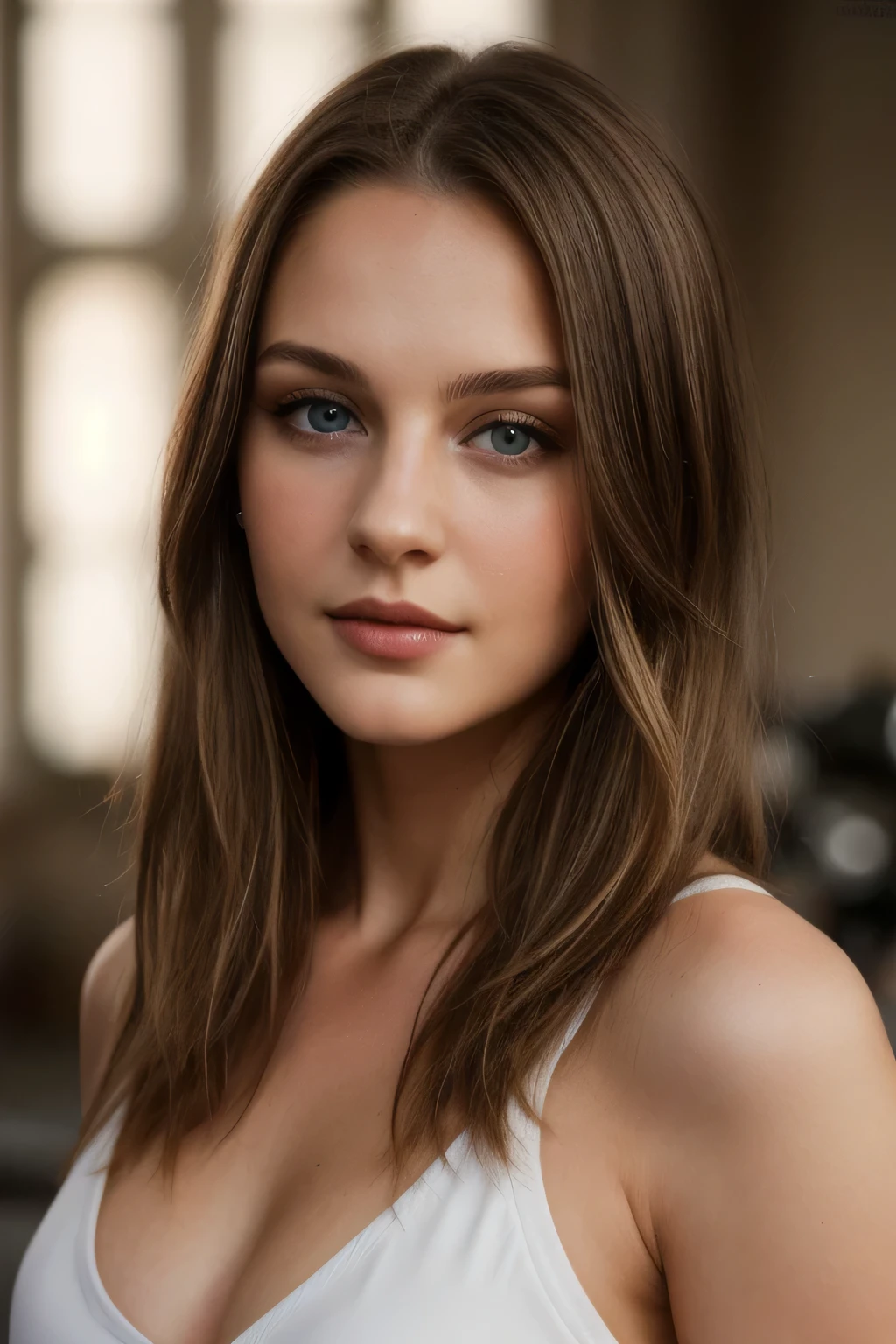 Attractive 20 year old Ukrainian woman, average size, pretty face, braune Haut, blonde Haare, dunkelbraune Augen, sweet nose, full lipps, Receding chin, Schulterlanges Haar, glattes Haar, Small breasts, Perfekte Haut, Meisterwerk, 8k, award-winning, RAW-Foto, good quality, Filmkorn, 4k, sehr detailliert, im Fitnessstudio, verschwitzt, sexy