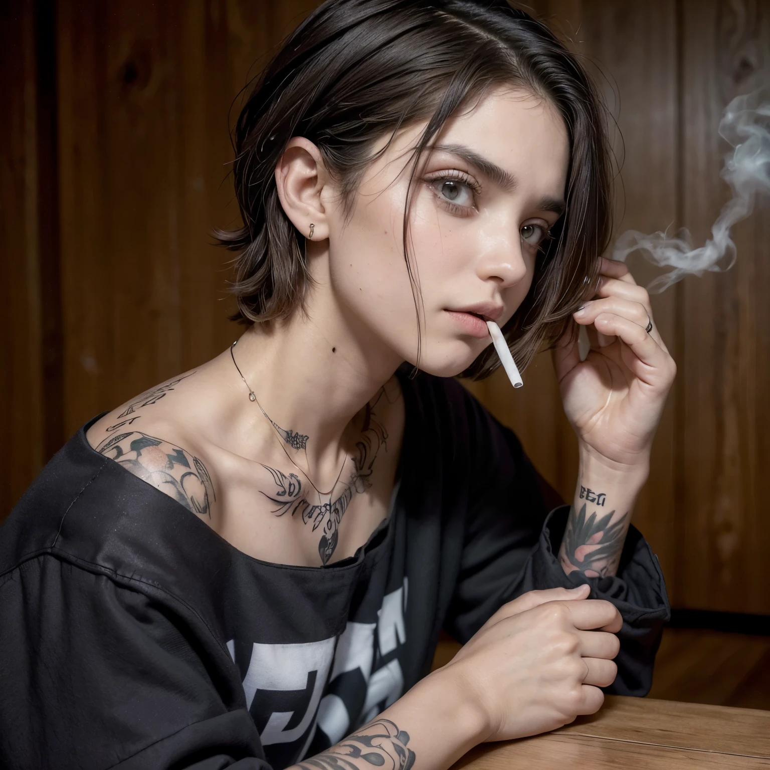 (((melhor qualidade))), (((()) com o rosto fino))), ((cabelo tomboy)), ((( cabelo raspado na lateral direita))), ((tattoo on the arms and neck)), ((a cigarette in hands)), ((gangster)), ((temperamento forte)), ((olho escuro)), ((jaqueta de couro preta)), ((desfem)), ((meio masculina)), ((cabelo bem curtinho)), (((((usando roupas pretas))))), (((rosto mais masculino))), ((Shorter hair in the back and layered in the front)), (((somente uma pessoa na foto))), ((((cara fechada)))).