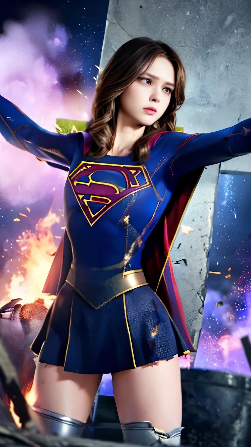 highest quality,masterpiece,UHD, Super detailed, 8K,(Beautiful woman),(一人のBeautiful woman),((crucifixion:1.5)),(((cross))),(execution),((incontinence)),scared,torture,slave,((crossにcrucifixionにされた女性:1.5)),crucifixion刑,((supergirl:1.5)),blue suit,Superman logo on chest,red skirt,red boots,((torn costume:1.5)),((Tearing of clothes:1.5)),(tattered clothes),Beaten face,顔にtraces of being beaten,((bruises on body)),scars on body,injured face and body,(Bruise, dirty, torn clothes, revealing clothes, Blood:1.3),traces of being beaten,Defeated heroine,a devastated world,ruins,abandoned building,(burning at the stake),((roasted over fire:1.2)),inflammation,(inflammationに包まれている),足下にinflammation
