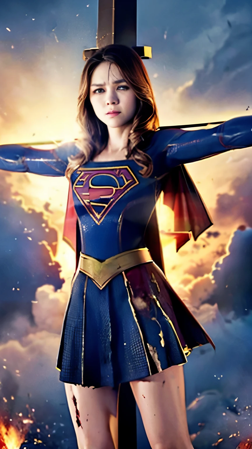 highest quality，masterpiece，UHD, Super detailed, 8K，(Beautiful woman)，(一人のBeautiful woman)，((crucifixion:1.5))，(((cross)))，(execution)，((incontinence))，scared，torture，slave，((crossにcrucifixionにされた女性：1.5)),crucifixion刑，((supergirl:1.5))，blue suit，Superman logo on chest，red skirt，red boots，((torn costume：1.5))，((Tearing of clothes：1.5))，(tattered clothes)，Beaten face，顔にtraces of being beaten，((bruises on body))，scars on body，injured face and body，(Bruise, dirty, torn clothes, revealing clothes, Blood:1.3)，traces of being beaten，Defeated heroine，a devastated world，ruins，abandoned building，(burning at the stake)，((roasted over fire：1.2))，inflammation，(inflammationに包まれている)，足下にinflammation