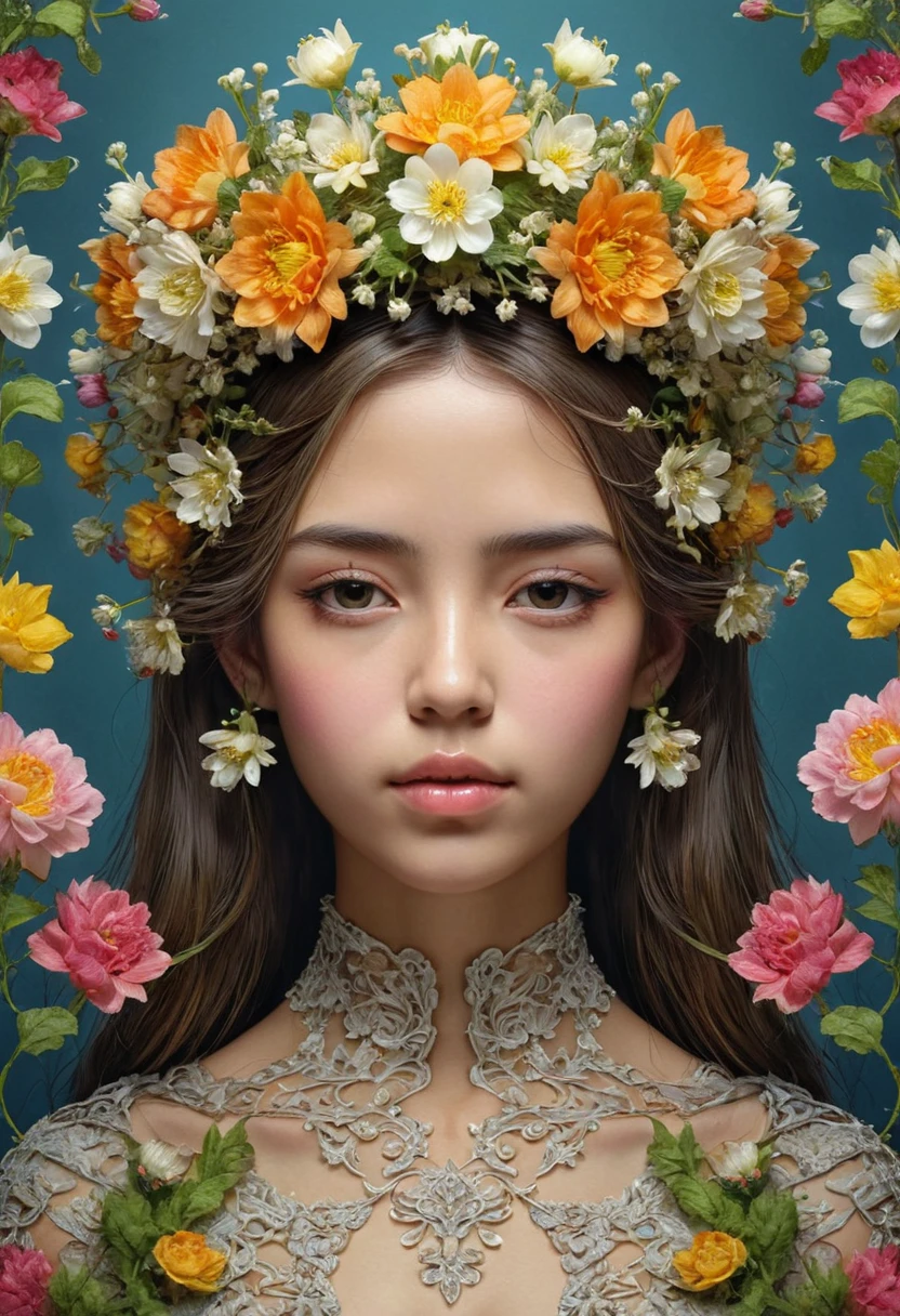 Symmetry, girl wearing a crown made of blooming flowerlooming flowers, embodying the harmony between nature and human creativity, (best quality, masterpiece, Representative work, official art, Professional, high details, Ultra intricate detailed:1.3)