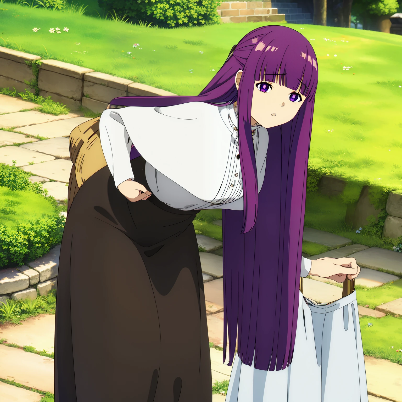 (masterpiece), (Beautiful detailed eyes: 1.2), two people facing each other,1girl, alone, cute, (long hair), purple hair, hair clip, purple eyes, purple hair, messy hair, white t-shirt, navy blue shorts:1.3, garden, rhythmic gymnastics, Acrobatic posture:1.3, thighs:1.2, blush, 　　　　　　　　　　　　　　　　　　　　　　　　（（１girl, perfect face, nice eyes and face, (highest quality), (Super detailed), detailed face and eyes,  rough skin, disorganized, High resolution, Uzu_fast_no_freezing_style, Uzu_fast_no_freezing_style, twin tails, とてもlong hair, silver hair, pointed ears, goblin, white capelet, green eyes, black pantyhose, earrings, white skirt, belt, white sleeves））, throw, sgoblinie, butterfly, Grass, stone street、
