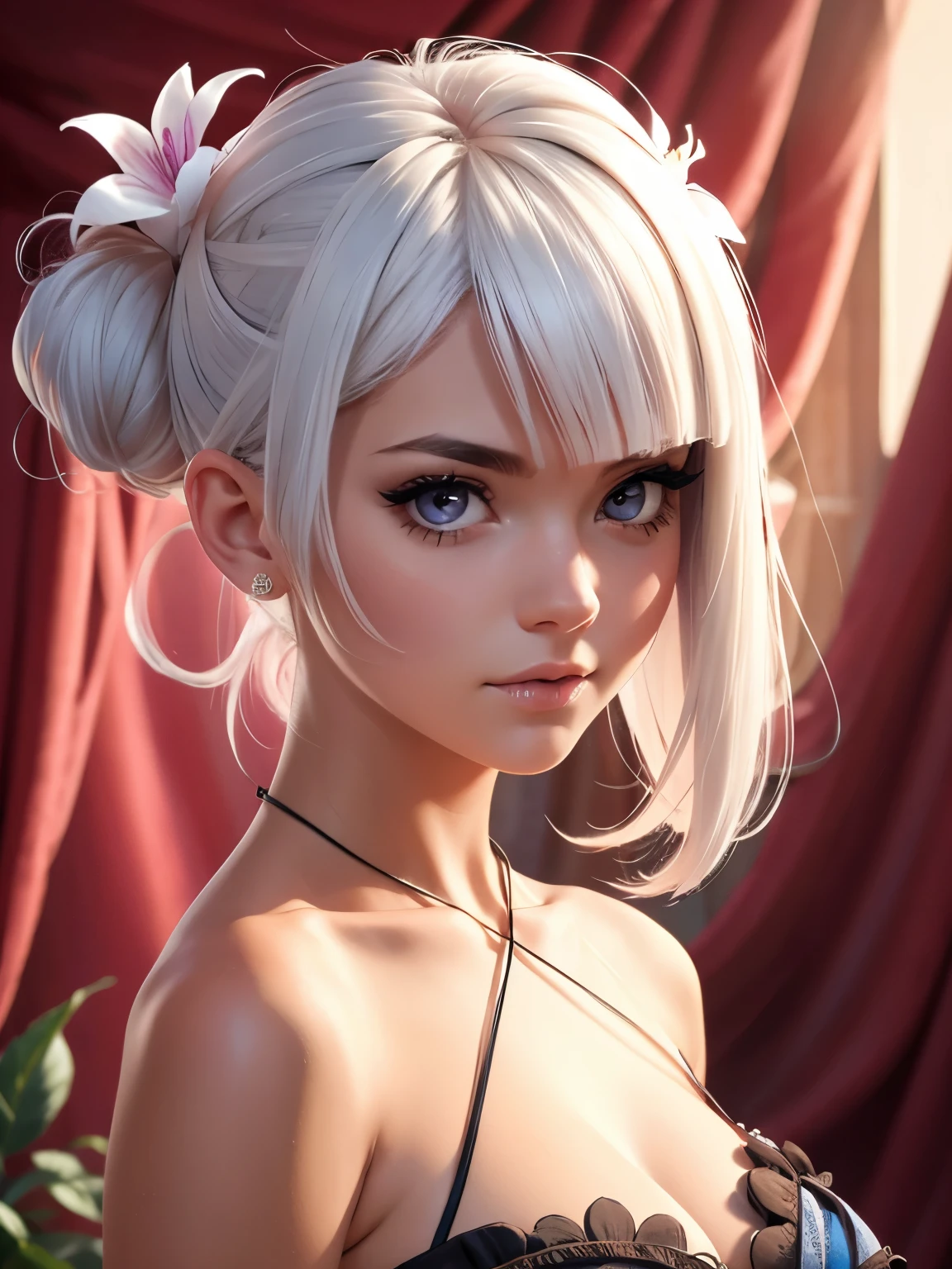 1girls, blood, breasts, detailed background, female focus, female only, fixing hair flower, flower in hair, gown, looking at viewer, solo, solo female, solo focus, white hair