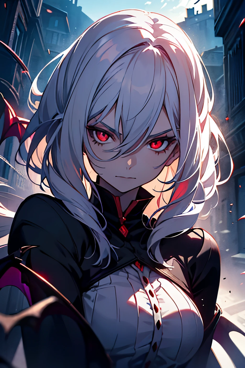 With white hair, A serious expression,side face,floating hair,light particles,glare,vivid,fancy,dreamlike,a dim atomshpere, ((Vampire girl)) ((Vampire Warrior)) ((Dark Fantasy)) ((Red-Eyes))