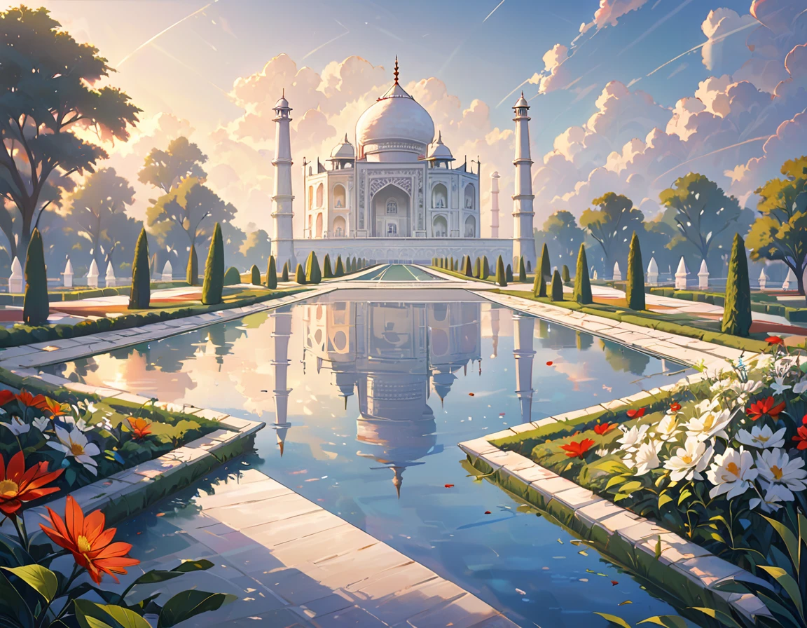 arafed Taj Mahal in India, relaxing concept art, exterior background art, rpg maker style Taj Mahal, anime background art, epic Taj Mahal concept, water reflecting the sun, light pink roses decoration, 8 k quality detailed art, trending on artstation pixiv, magical atmosphere + masterpiece, Taj Mahal, Taj Mahal of ruina concept art, dreamy atmosphere, only Taj Mahal, no people, no one, nobody