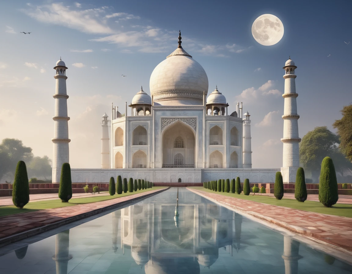 A breathtaking illustration of the Taj Mahal, with a serene and tranquil atmosphere. The ivory-white marble structure stands tall, reflecting in the shimmering pools. The full moon casts a soft, ethereal light, illuminating the intricate floral motifs and geometric patterns adorning the facade. The surrounding gardens are lush and well-maintained, with a subtle breeze rustling the leaves. The overall composition is a testament to the Taj Mahal's grandeur, elegance, and exquisite symmetry.