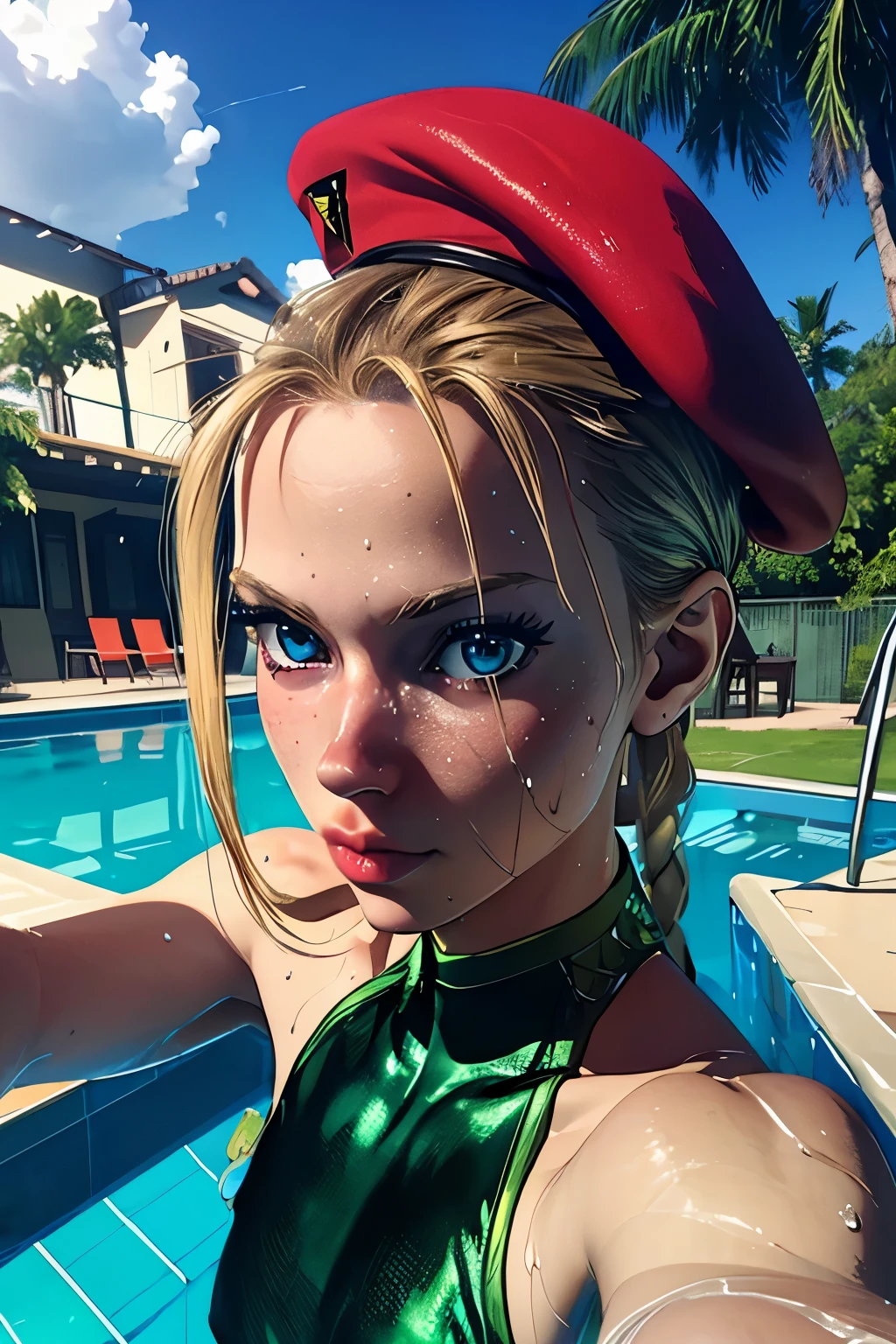 Photo of cammyst in a pool, outdoor pool, wet body, water dripping, cinematic, water sparkle, with her long blonde hair, blue eyes, and a green leotard, sexy walking out of pool, front view, a red beret and sporting a twin stylish braid at each side of her head, looking directly at the camera, selfie