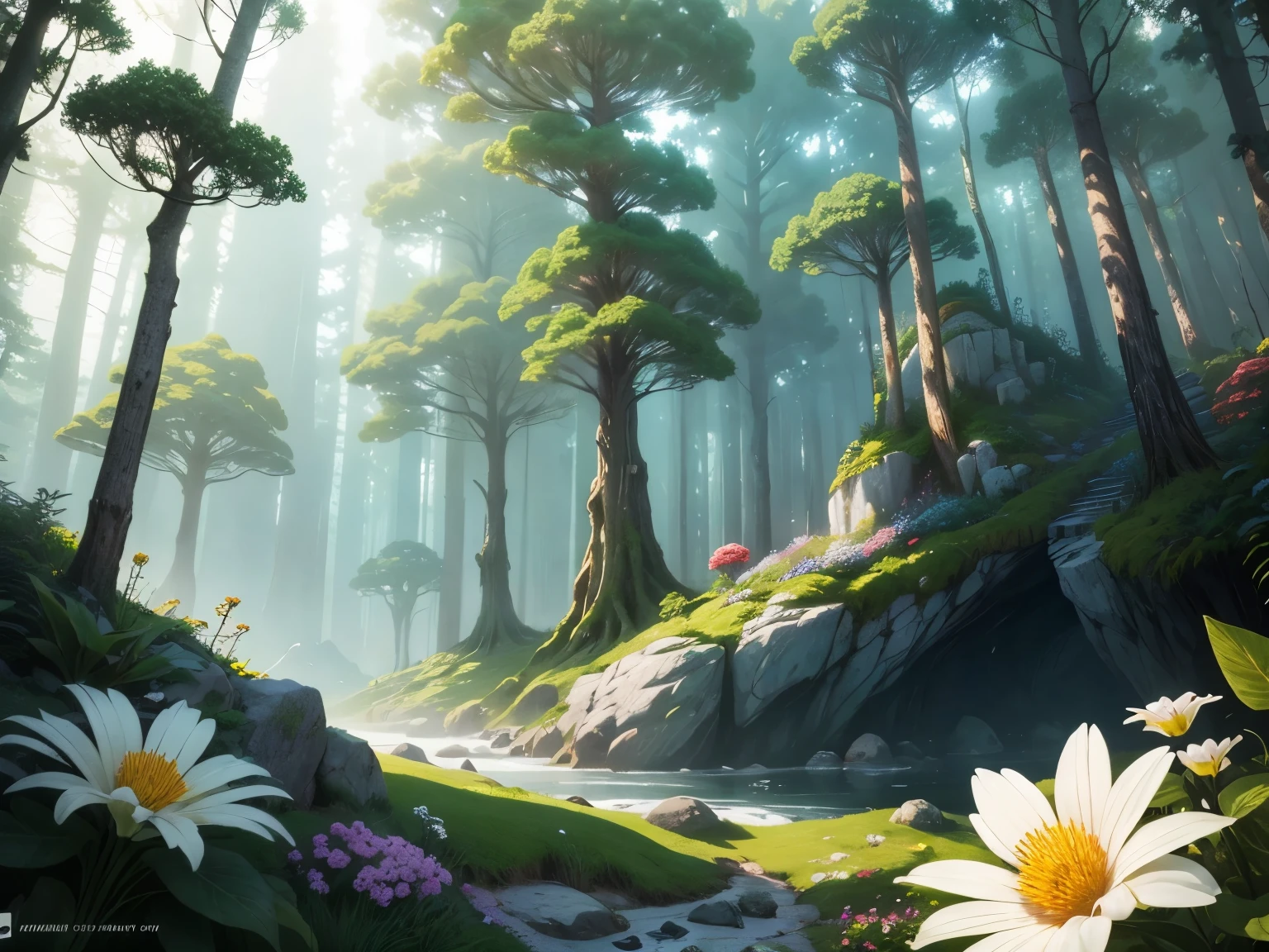 a forest of fantasy, with a lot of plants and trees,  white rocks, birds in the sky, flowers