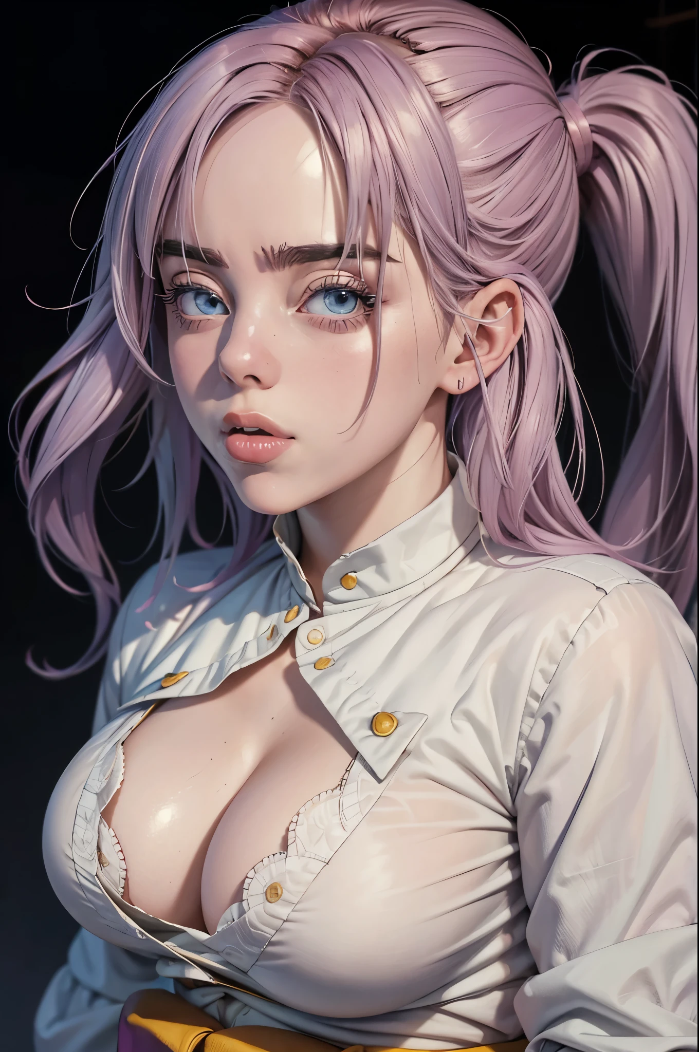 high res, ultrasharp, 8K, masterpiece, looking at viewer. Billie Eilish. cosplay as Videl. breast bursting out of top. looking excited 