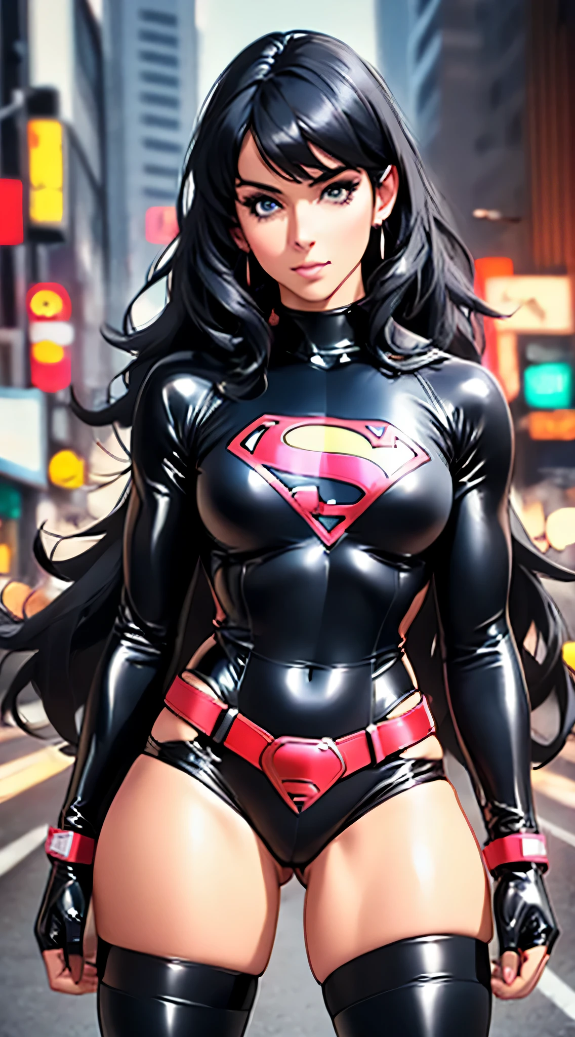 ((Realistic Lighting, Best Quality, 8K, Masterpiece: 1.3)), Focus: 1.2, 1girl, Perfectly shaped Chinese beauty: 1.4, Fine abs: 1.1, ((black long hair)), (Latex supergirl costume: 1.4), (Outdoor, Night: 1.1), City streets, Super thin face, Thin eyes, Double eyelids, Latex miniskirt, (Black socks over the knee: 1.5)  