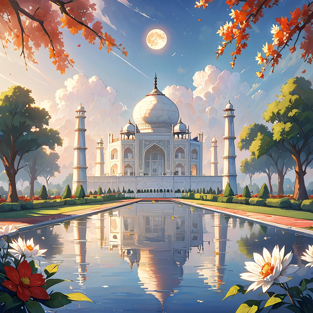 A breathtaking illustration of the Taj Mahal, with a serene and tranquil atmosphere. The ivory-white marble structure stands tall, reflecting in the shimmering pools. The full moon casts a soft, ethereal light, illuminating the intricate floral motifs and geometric patterns adorning the facade. The surrounding gardens are lush and well-maintained, with a subtle breeze rustling the leaves. The overall composition is a testament to the Taj Mahal's grandeur, elegance, and exquisite symmetry.