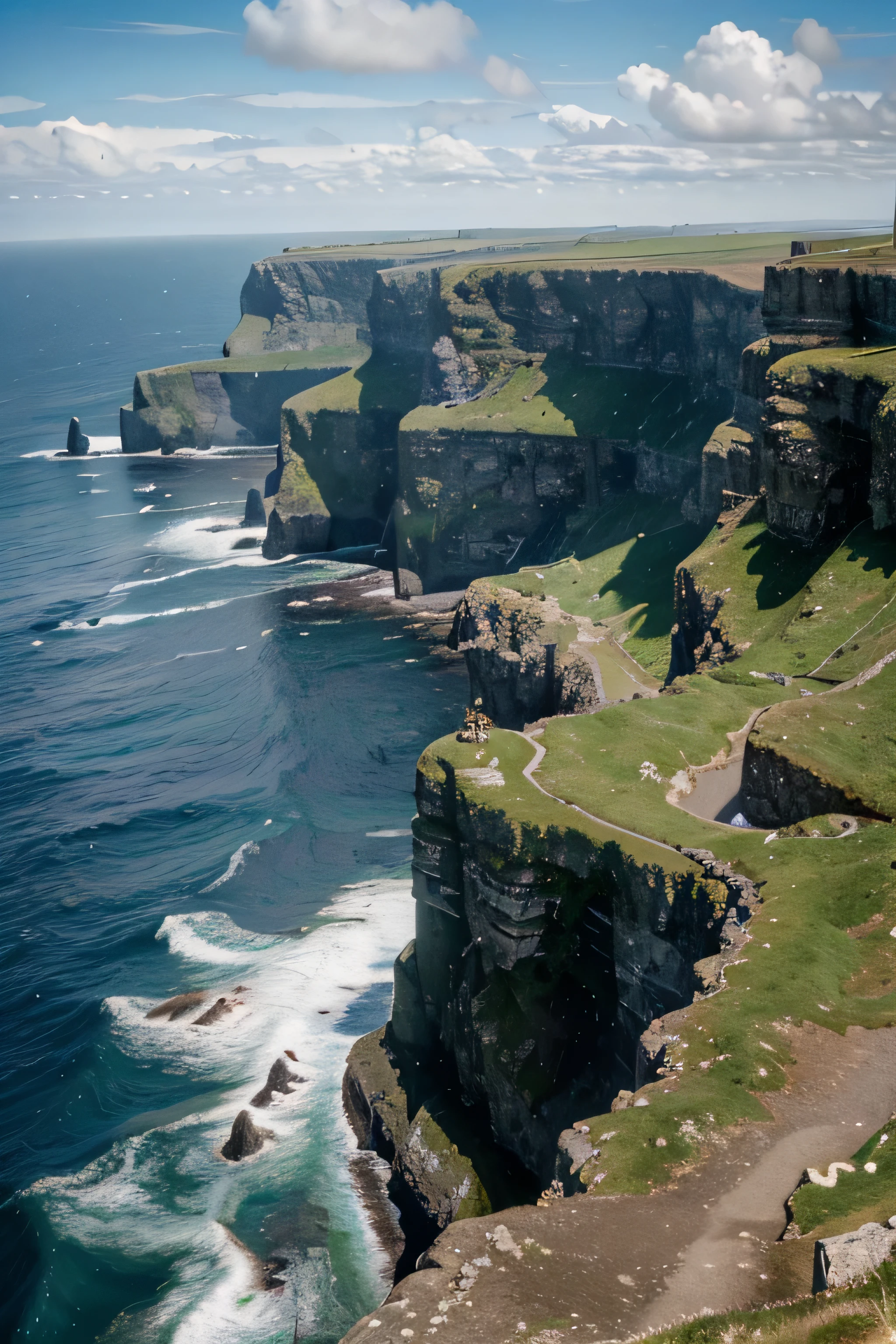 (best quality,4k,8k,highres,masterpiece:1.2),ultra-detailed,realistic, HDR, UHD, cliffs of moher, Ireland, stunning landscape, vibrant green meadows, majestic cliffs, crashing waves, picturesque view, captivating beauty, dramatic coastline, swirling mist, breathtaking panoramic, immersive experience, dynamic range, vivid colors, professional photography, stunning composition, awe-inspiring, vibrant blue ocean, rugged terrain, iconic landmark, pristine natural beauty.