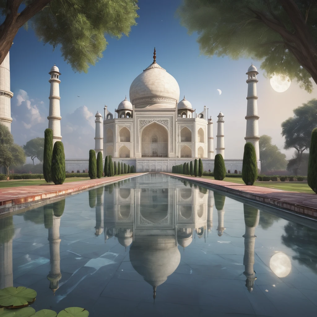 A breathtaking illustration of the Taj Mahal, with a serene and tranquil atmosphere. The ivory-white marble structure stands tall, reflecting in the shimmering pools. The full moon casts a soft, ethereal light, illuminating the intricate floral motifs and geometric patterns adorning the facade. The surrounding gardens are lush and well-maintained, with a subtle breeze rustling the leaves. The overall composition is a testament to the Taj Mahal's grandeur, elegance, and exquisite symmetry.