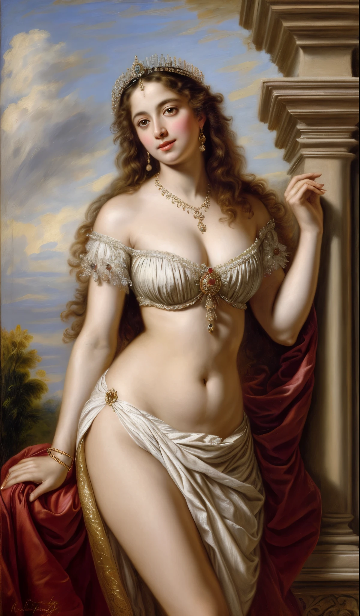 Best quality, highly detailed, masterpiece, Indian princess, Rajkanya, royal clothes, Masterpiece, extremely gorgeous woman, free flowing hair, fluffy hair, matchless Beauty, portrait, Peter Paul Rubens style, Woman, off shoulder bandeau crop blouse, middle ages, classicism, andrey atroshenko style, painting, long hair, styled hair, traditional media, realistic, figurative, fine art, detailed Art, oil on canvas, HDR, 8K, original character, high resolution, high detail, focus on the face, intricate, flawless, fluffy hair, Peter Paul Rubens style, By Peter Paul Rubens, sharp picture, avoid crown or mukut in picture,