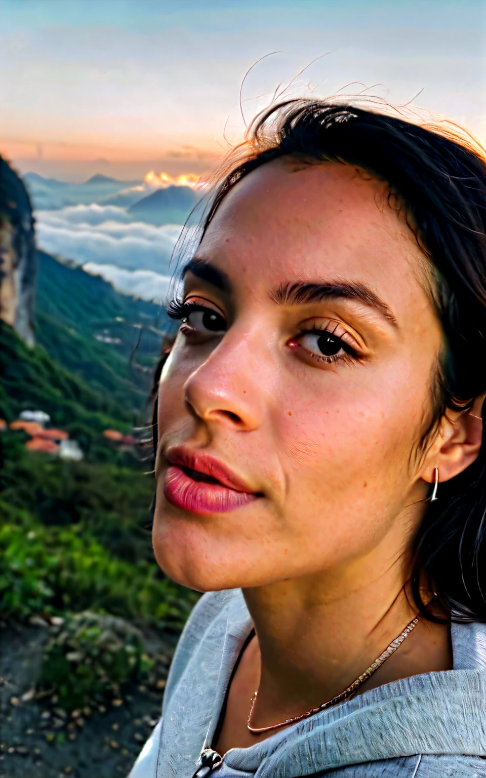 fotorrealista, melhor qualidade, hiper detalhado, Mulher bonita, foto selfie, tronco, Sozinho, wearing pullover, ao ar livre, (noite), montanhas, natureza da vida real, estrelas, Lua, (alegre, feliz), saco de dormir, luvas, sweater, gorro, lanterna, floresta, pedras, rio, Madeira, smoke, fog, clear sky, analog style, olhando para o espectador, textura da pele, film grain, fechar-se, ultra high resolution, melhor sombra, CRU, instagram LUT