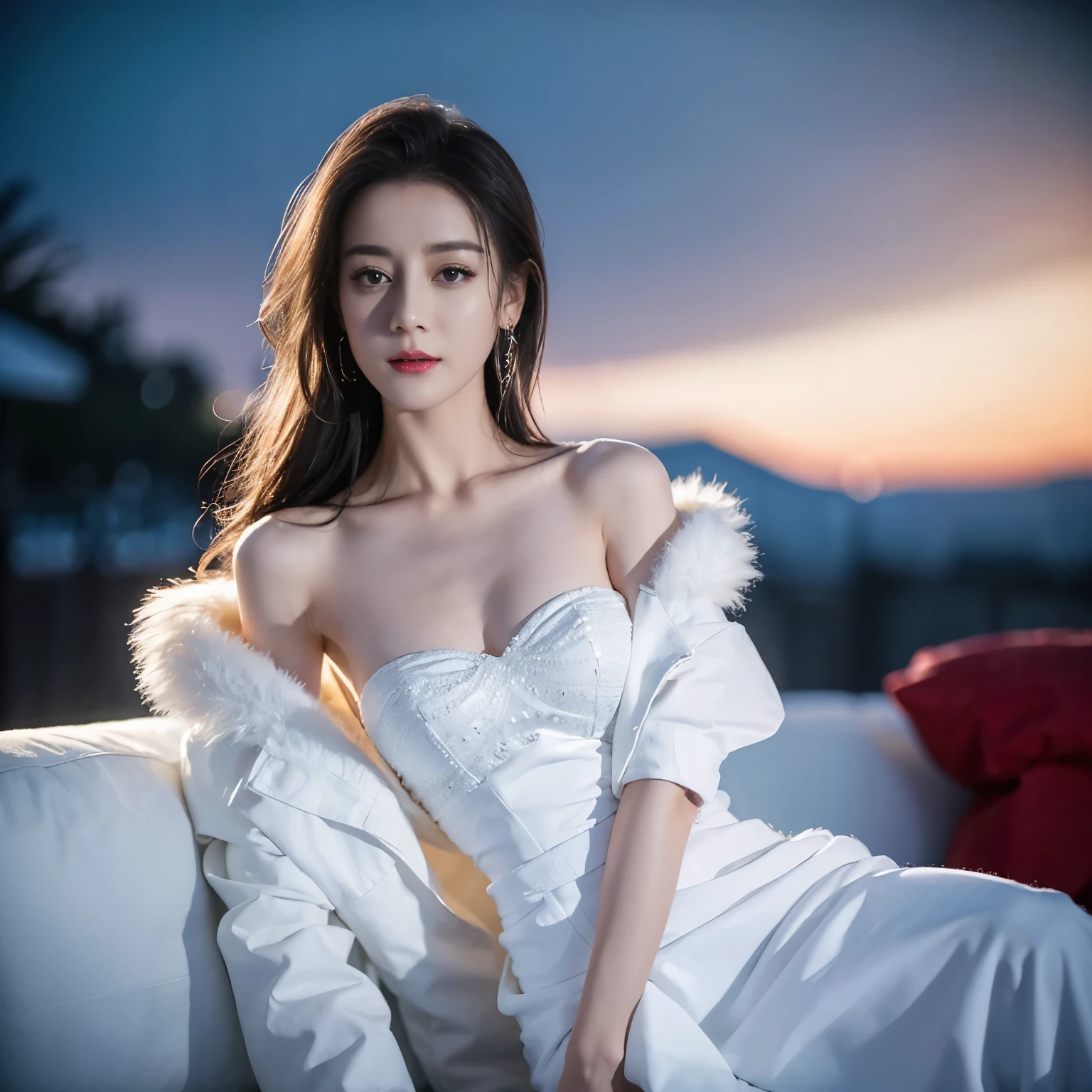 ((top quality、8k、​Masterpiece:1.3))、Extremely delicate and beautiful girl，full-body shot，huge breasts，bigger breasts，amazing breast size，G cup。Wear big earrings，Very white skin，moist red lips，Waist is very thin，Thighs are very thin，big butt，fair and smooth skin，Smooth and fair skin，flawless skin，Fair and shiny skin，cold white skin，The camera focuses on the chest，Bright light，White tube top dress，bare shoulders，white hair，hair is white，heavy snow，snow mountain，sunset，Rizhao Jinshan，happy