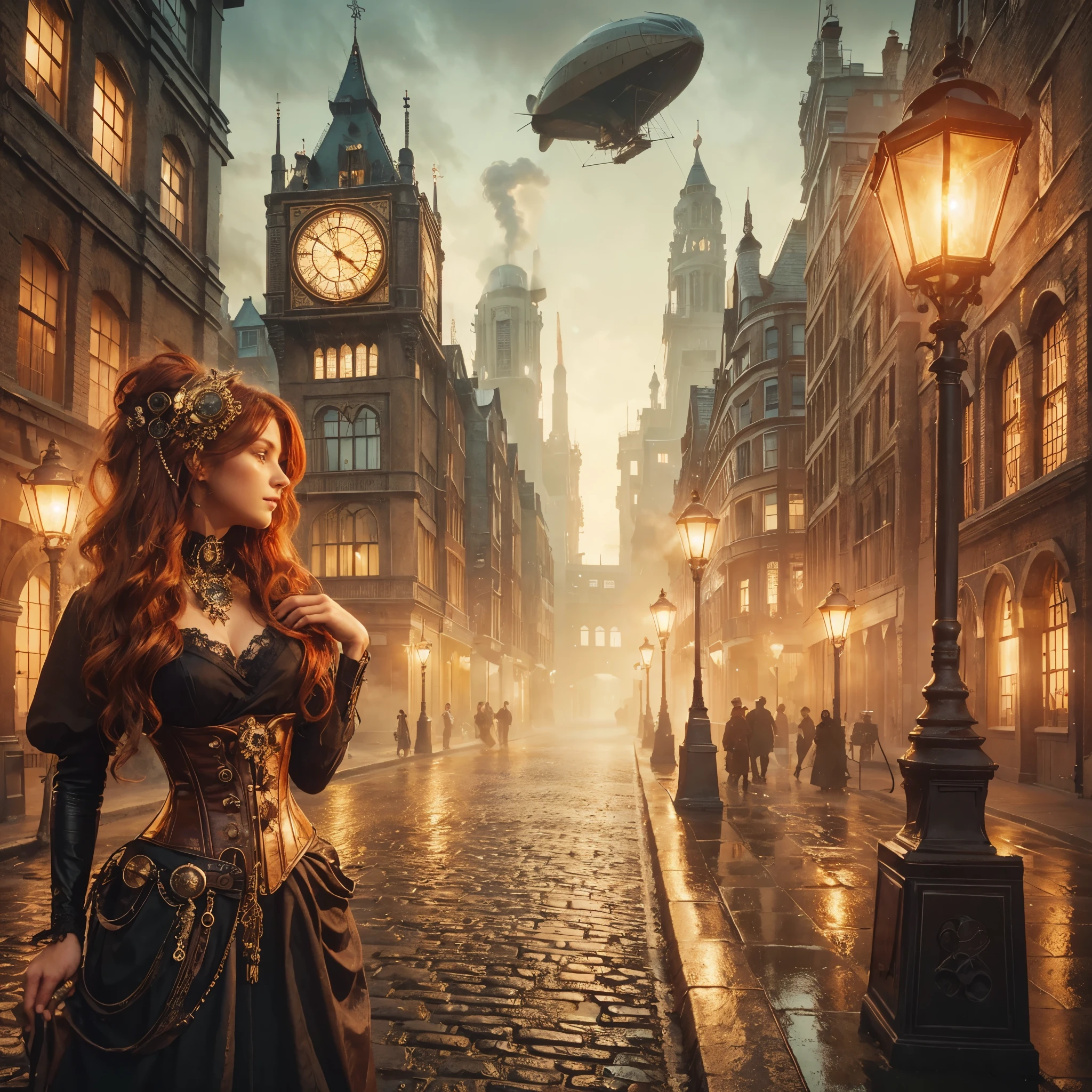 London street in the late 1800s, but with a steampunk twist. Think towering clockwork buildings with smokestacks puffing out steam, gaslight lamps casting an orange glow, and airships gliding silently overhead. Cobblestones slick with rain reflect the gaslight and bustling activity. Character: A beautiful woman with an air of confidence and purpose. Describe her distinct features and steampunk attire. Here are some options: Crimson hair cascading down her shoulders, adorned with gears and a miniature brass monocle perched on one eye. Dressed in a long, flowing coat of worn leather, accented with polished brass buckles and intricate clockwork patterns woven into the fabric. Goggles rest on her forehead, and sturdy riding boots with built-in steam pistons propel her bicycle