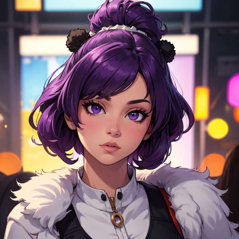 afro puffs, purple hair, purple fur, Masterpiece:1.2, highres, ultra-detailed, realistic:1.37, vivid colors, studio lighting, bokeh, 4k, solo