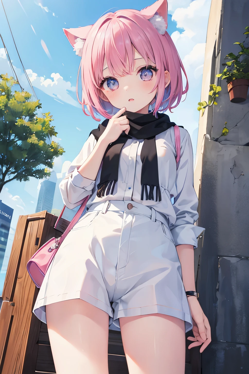 NSFW,Very beautiful and shining eyes、shining eyes、1 girl、small breasts、big mouth、high school girl、small breasts、Cat ear、Transparent pink short hair、scarf、hot pants、transparent clothes、childish clothes、7 girl