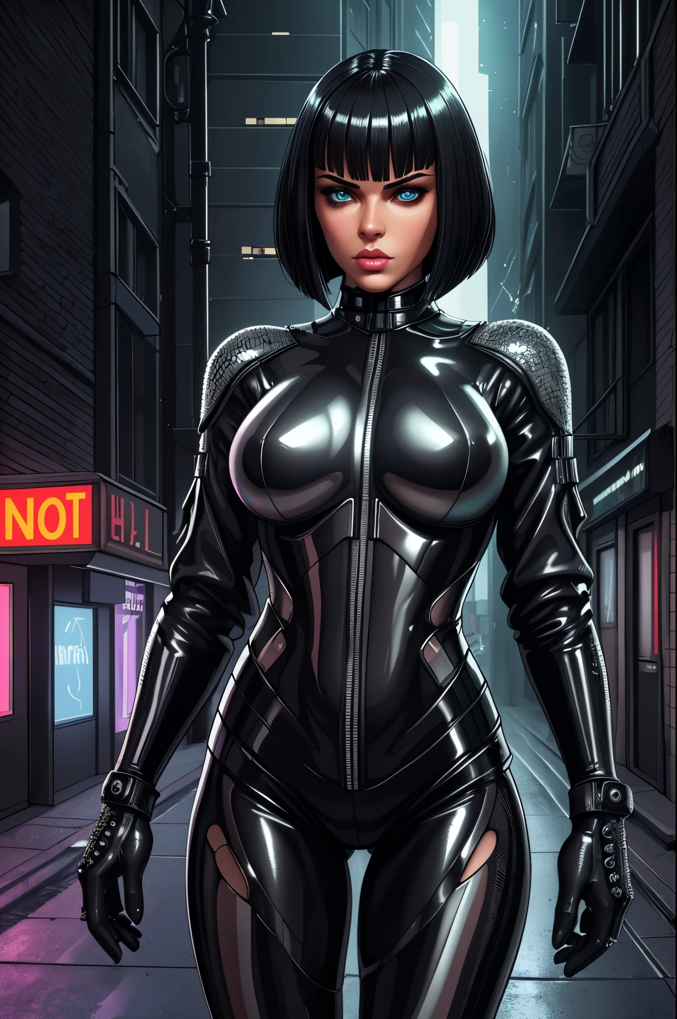 (best quality,ultra-detailed,realistic:1.37),portrait,beautiful detailed eyes,beautiful detailed lips,intense gaze,stern expression,dark atmosphere,metallic texture,shiny armor,reflective surfaces,bobcut hairstyle,futuristic fashion,leather jacket,black clothing,urban setting,city street scene,night time,neon lights,grimy alleyways,motorcycle,assassin,deadly weapon,confident stance.