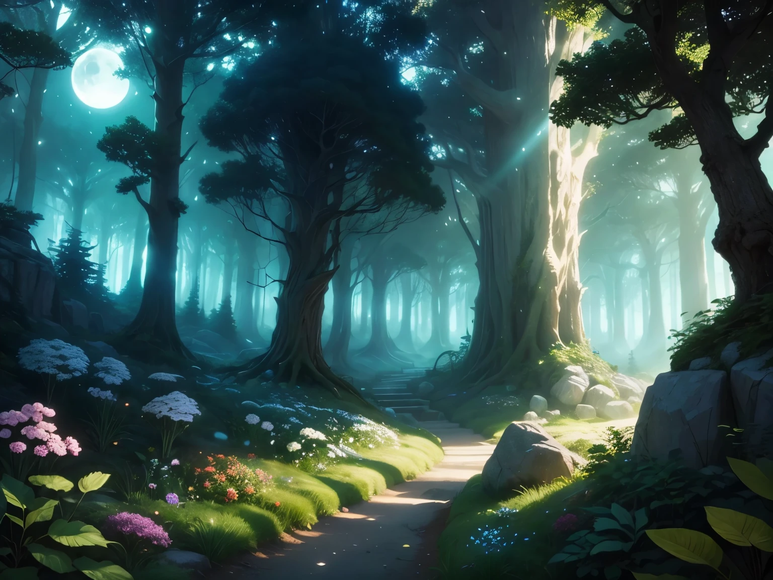 a forest of fantasy, with a lot of plants and trees, white rocks, birds in the sky, flowers, ((at night)), firefly
