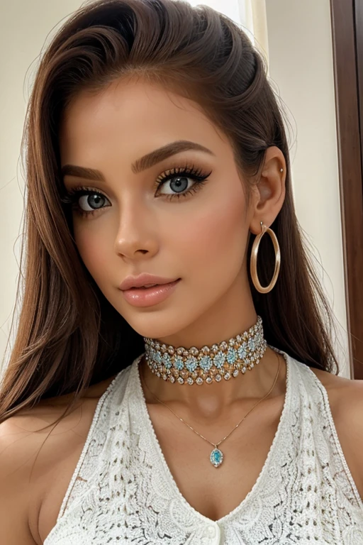 Ultra HD, obra de arte, anatomicamente correto, super detalhado, Surrealismo,ruiva, linda modelo feminina, pele macia, (Vestido maxi branco), colar, ring accessories, sandals, Cabelo ondulado, rosto perfeito, rosto bonito, charme, olhos grandes e lindos, olhos azuis, maquiagem escura, Corpo glamoroso