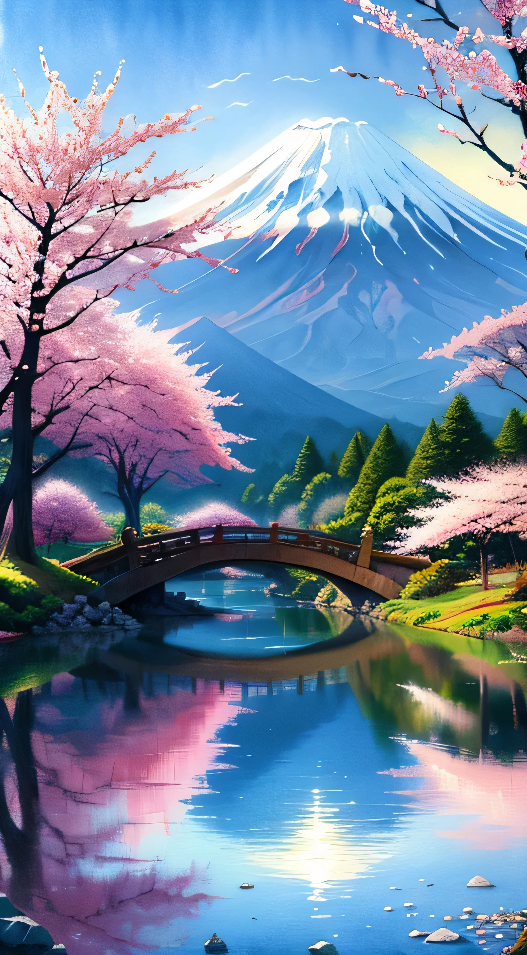 beautiful mountain painting. Mt.Fuji in spring , Moody and meaningful scenes in the style of Thomas Kinkade ,HD 4K , seamless texture, watercolor、cherry blossoms、
