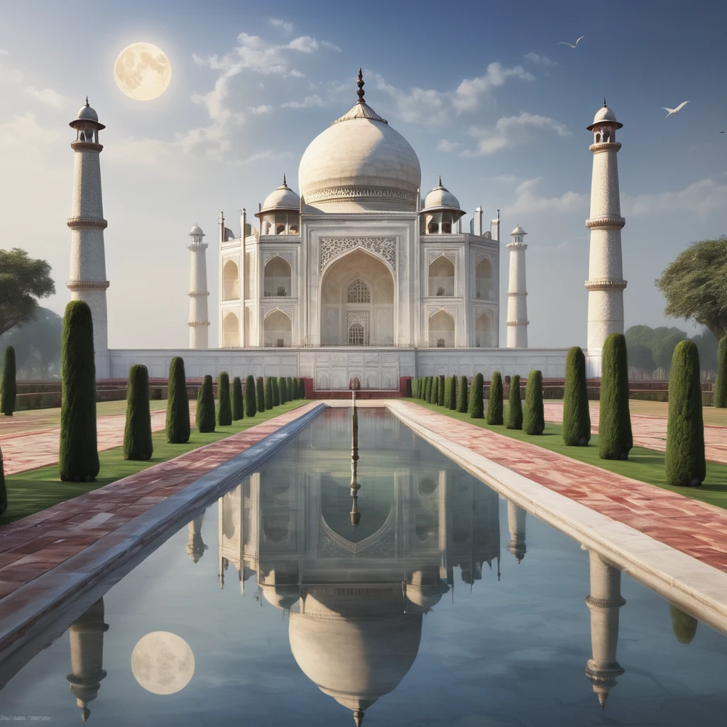 Taj mahal, cyberpunk, full moon in BG, 8k, hyper realistic, shoot by Nikon