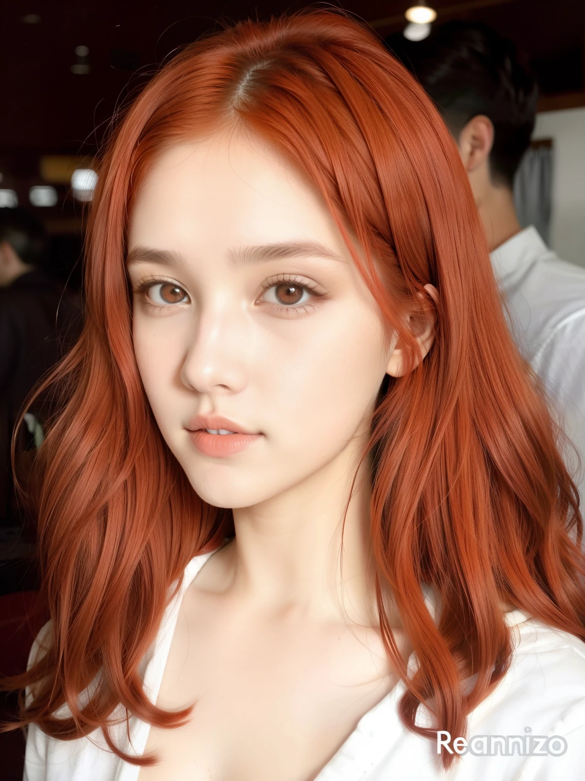 un primer plano de una mujer con largo cabello rojo y una camisa blanca, cabeza roja, pretty face with brown and red hair, pelo cobrizo, pelo rojo y rasgos atractivos, She has long orange-brown hair., Brown hair, bright crimson head, con pelo rojo y ojos verdes, chica pelirroja, pelo rojizo, ella tiene el pelo largo y renaranjado, pelo rojo claro