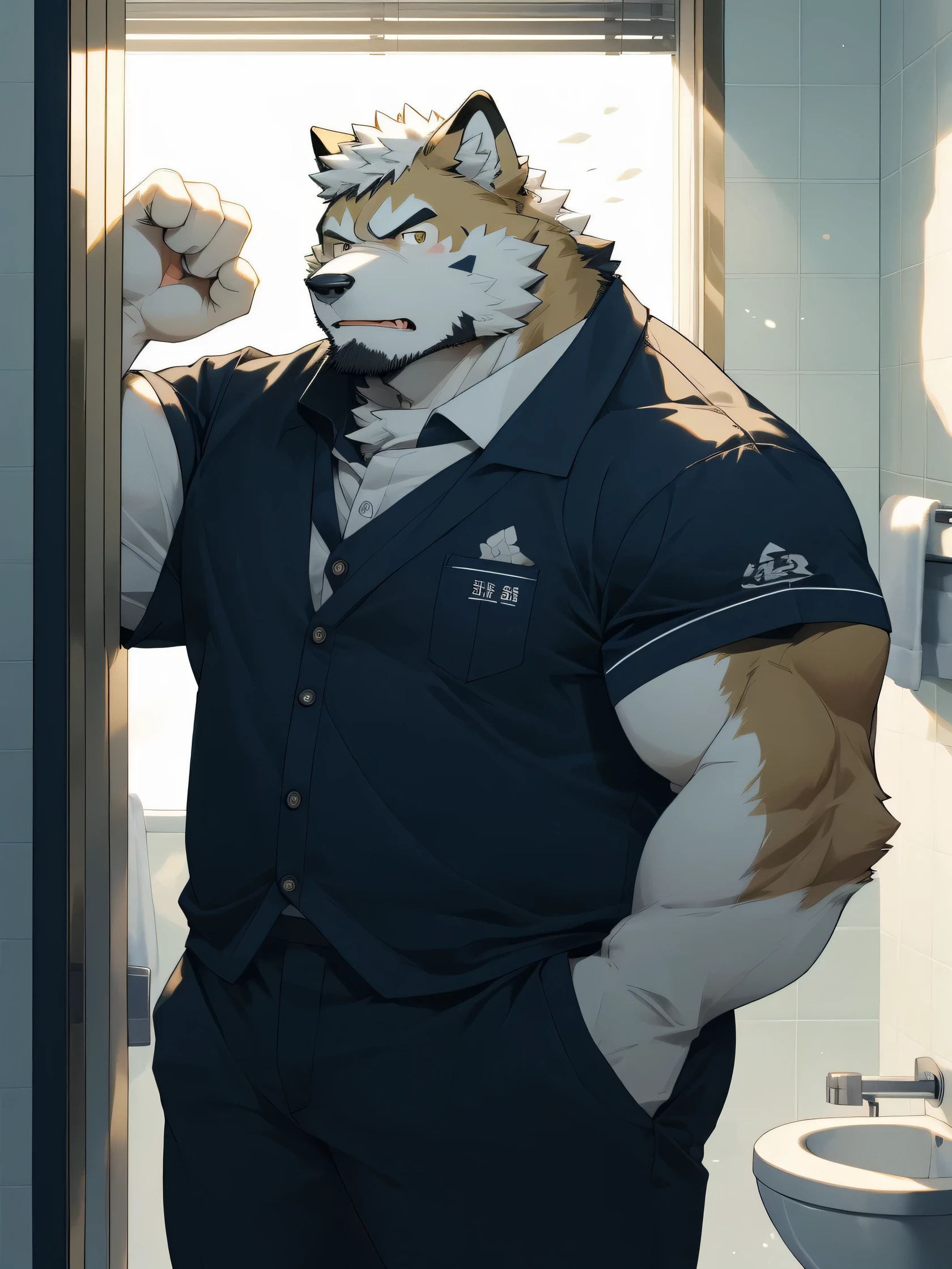 hairy,(Akita dog,white fur,Light-colored fur,Light-colored fur,uniform,)bathroom,narrow,Light,angry expression,Secondary sexual characteristics are obvious,tonic,wide body,Lean against the wall with one hand,极其lifelike阴影,masterpiece,Very detailed,lifelike