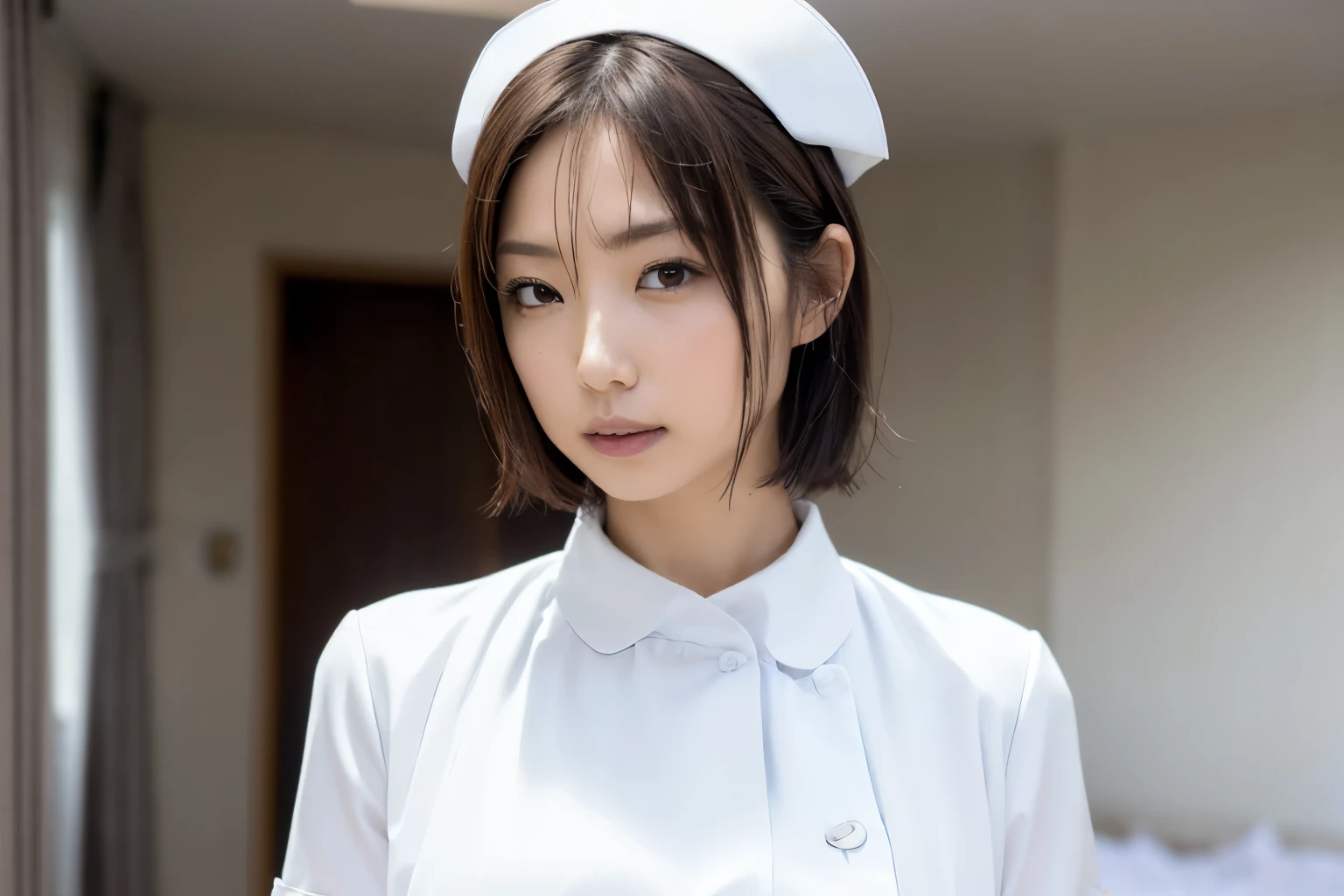 1 girl,(Wearing white nurse clothes:1.2),(RAW photo, highest quality), (realistic, photo-realistic:1.4), masterpiece, very delicate and beautiful, very detailed, 2k wallpaper, wonderful, finely, very detailed CG unity 8k wallpaper, Super detailed, High resolution, soft light, beautiful detailed girl, very detailed eyes and face, beautifully detailed nose, finely beautiful eyes, nurse, perfect anatomy, black hair, up style, nurse uniform, ((nurse cap)), long skirt, nurse, white costume, thin, hospital, clear, white uniform, hospital room, auscultation of the neck,bob cut