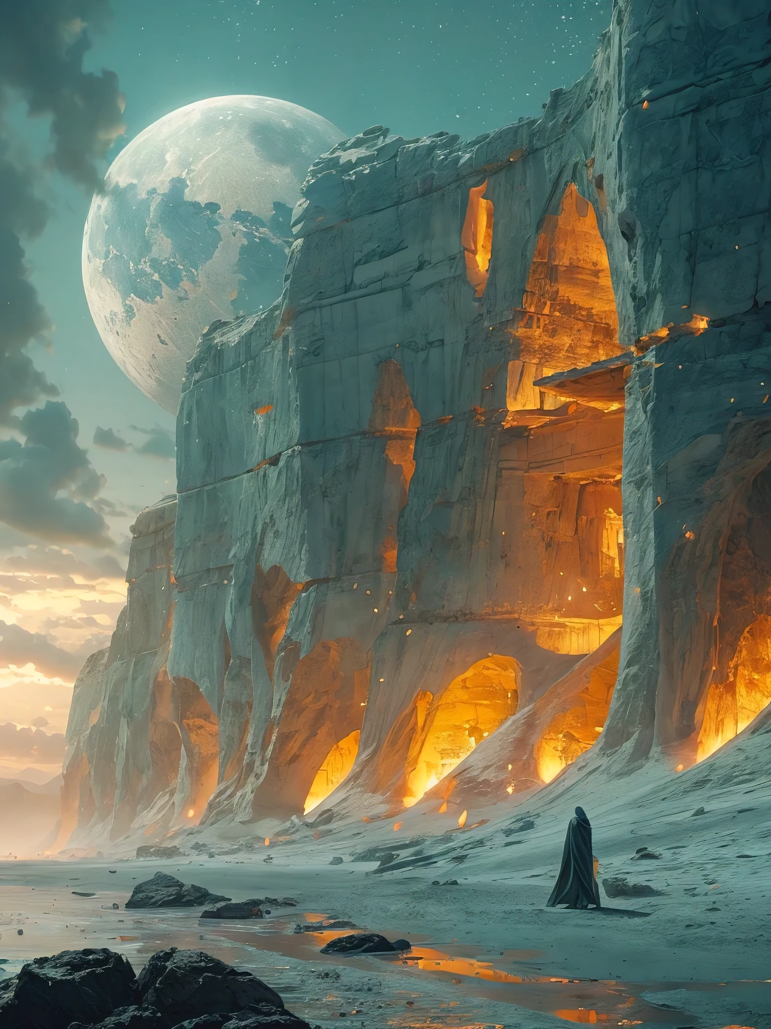 (best quality,4k,8k,highres,masterpiece:1.2),ultra-detailed,(realistic,photorealistic,photo-realistic:1.37),architecture of dune,cinematic,color graded,perfect lighting,desert landscapes,majestic sand dunes,towering structures,ancient ruins,sunset toned colors,mysterious atmosphere,long cast shadows,surreal scale and perspective,vibrant orange and blue contrast,unique geometric shapes and patterns,sands shifting in the wind,harsh desert sunlight,sharp line work and intricate details,sand swept corridors and archways,imposing sandstone façades,reflection of light on polished surfaces,subdued color palette,nomadic figures wandering in the distance,cinematic composition with dramatic angles and depth of field,ruins hinting at a long-lost civilization,exotic and otherworldly ambiance,monolithic structures rising from the sand,secrets hidden within the architecture,spiritual and mystical undertones,echoes of a forgotten time,ethereal and captivating landscape,awe-inspiring and grandiose scenery.