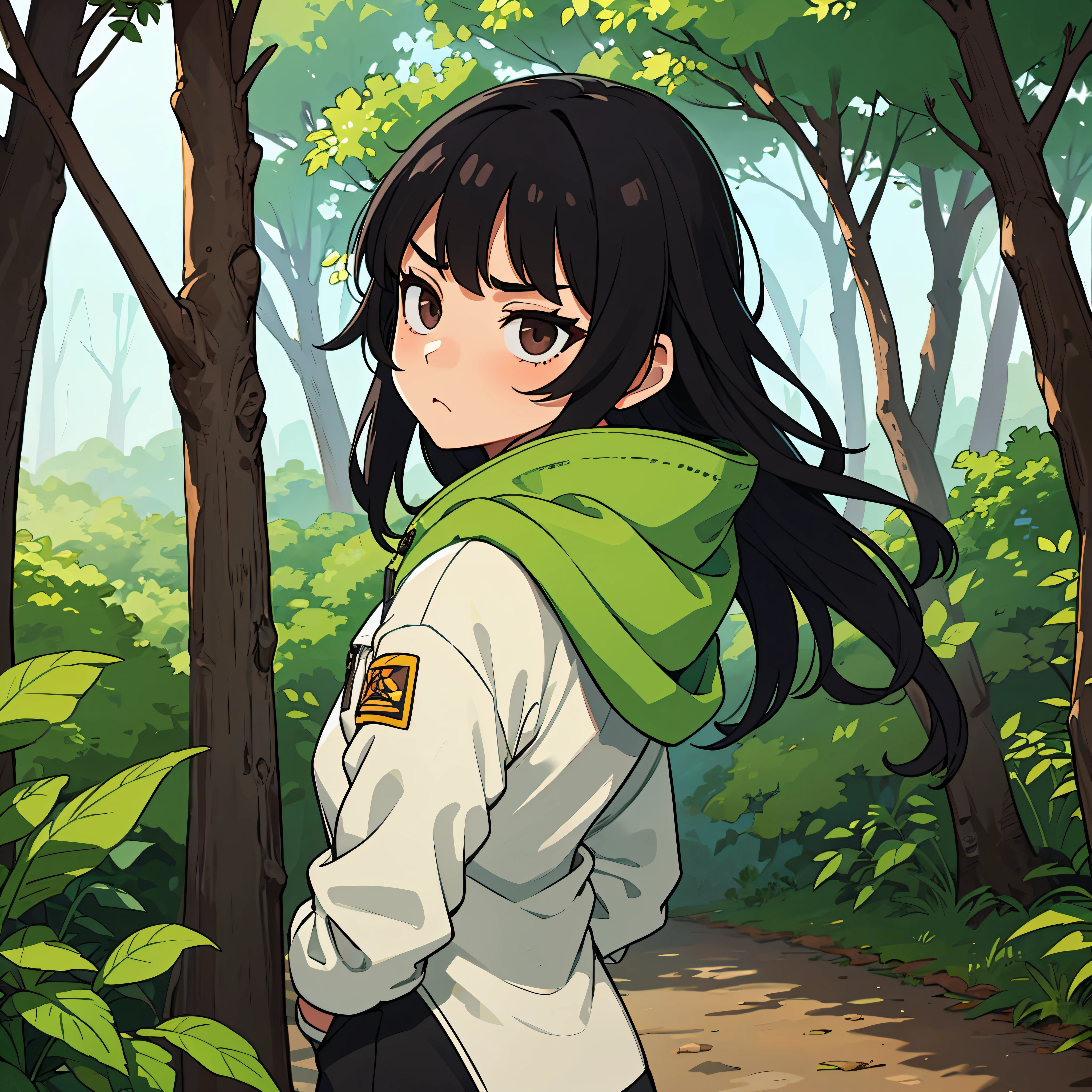 only one boy, 1 boy, Wear a jacket outdoors., In the middle of the forest, taiga biome, Headshot, woman&#39;s face, Long back hair, woman&#39;s body,  black hair, Looks annoying.