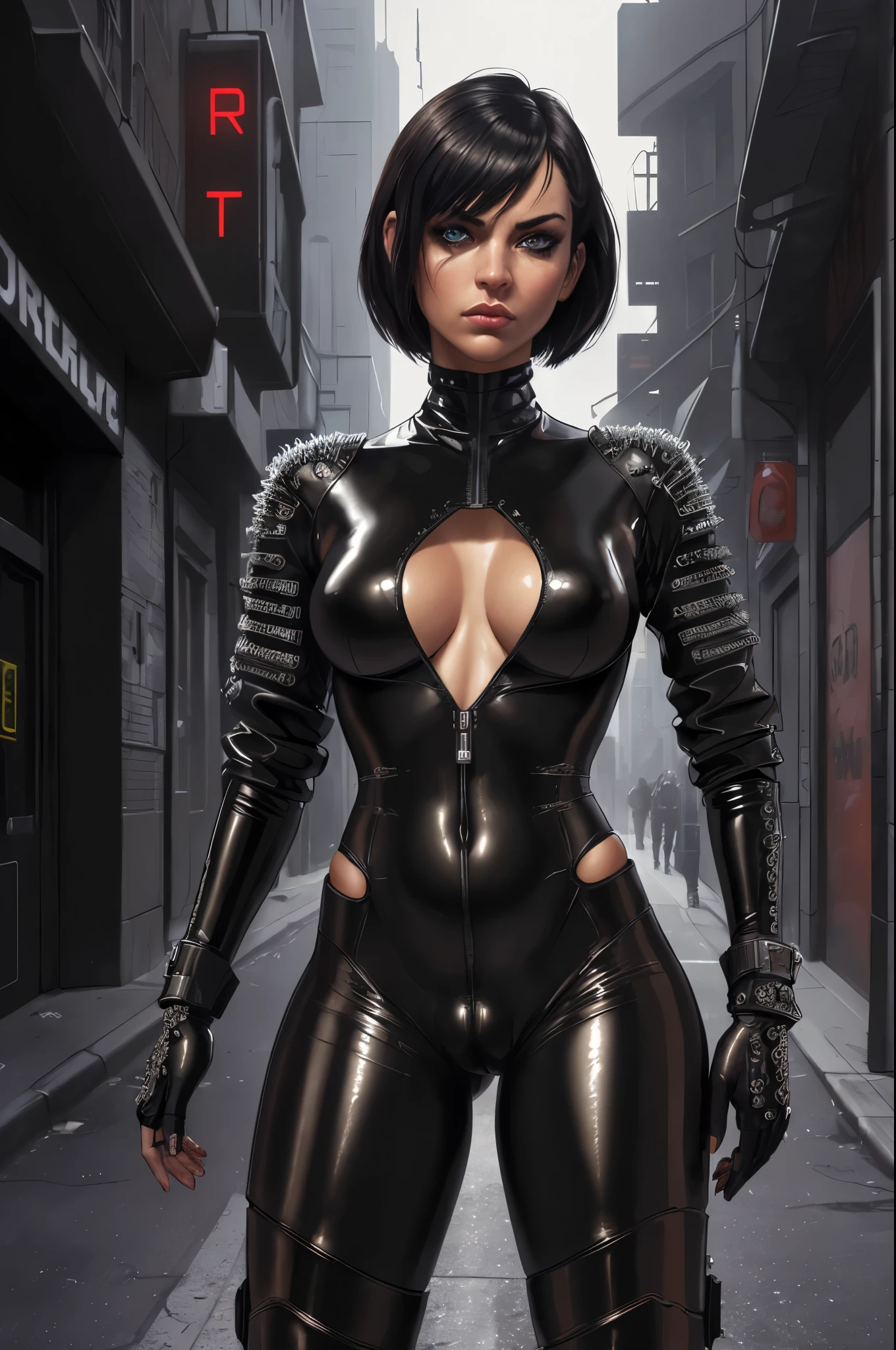 (best quality,ultra-detailed,realistic:1.37),portrait,beautiful detailed eyes,beautiful detailed lips,intense gaze,stern expression,dark atmosphere,metallic texture,shiny armor,reflective surfaces,bobcut hairstyle,futuristic fashion,leather jacket,black clothing,urban setting,city street scene,night time,neon lights,grimy alleyways,motorcycle,assassin,deadly weapon,confident stance. (cameltoe)