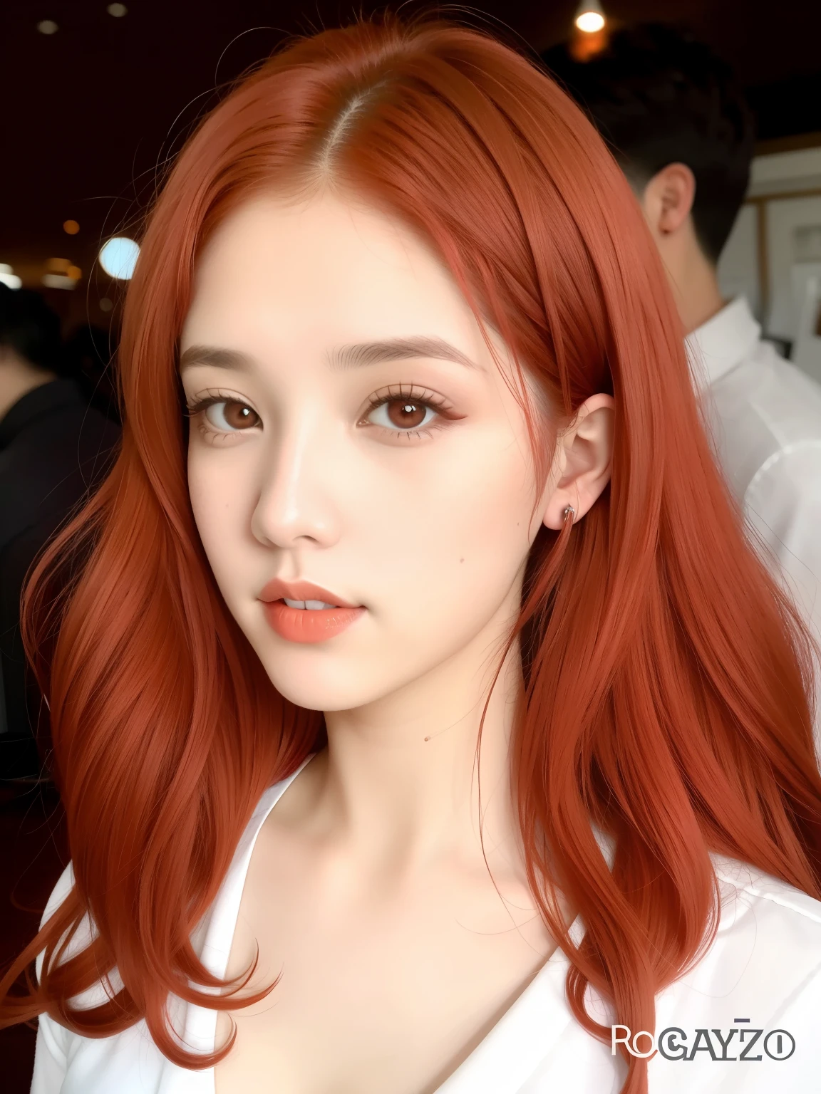 un primer plano de una mujer con largo cabello rojo y una camisa blanca, cabeza roja, pretty face with brown and red hair, pelo cobrizo, pelo rojo y rasgos atractivos, She has long orange-brown hair., Brown hair, bright crimson head, con pelo rojo y ojos verdes, chica pelirroja, pelo rojizo, ella tiene el pelo largo y renaranjado, pelo rojo claro