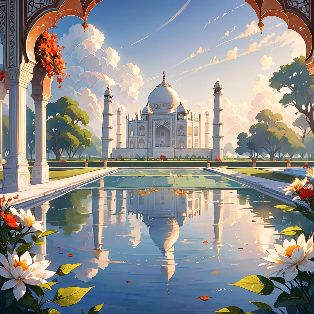 A breathtaking illustration of the Taj Mahal, with a serene and tranquil atmosphere. The ivory-white marble structure stands tall, reflecting in the shimmering pools. The full moon casts a soft, ethereal light, illuminating the intricate floral motifs and geometric patterns adorning the facade. The surrounding gardens are lush and well-maintained, with a subtle breeze rustling the leaves. The overall composition is a testament to the Taj Mahal's grandeur, elegance, and exquisite symmetry.