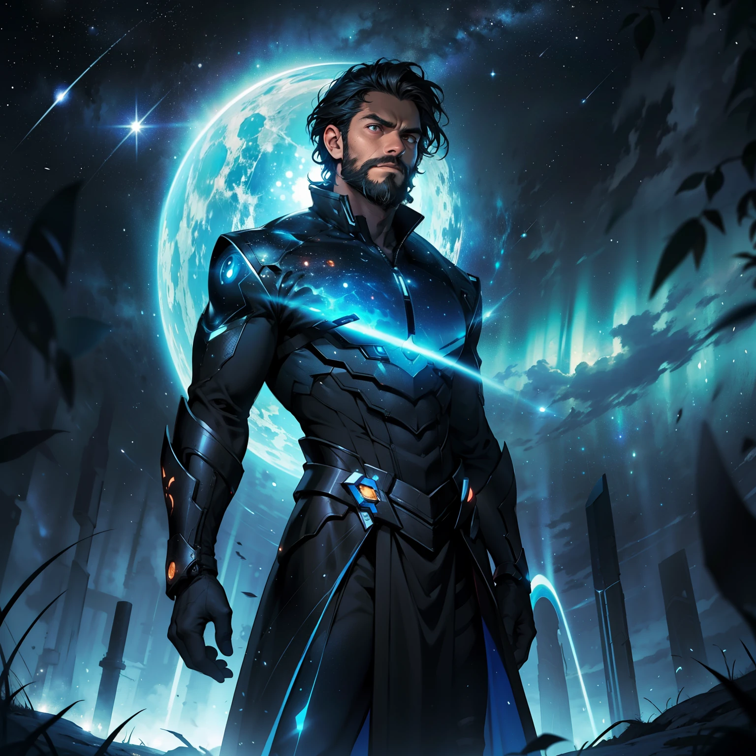 A man, standing solitarily in the vast emptiness of the universe, contemplates the cycle of life and death among the stars. His eager gaze fixates on the ethereal dance of celestial bodies, their fiery demises giving birth to new life. The black canvas of space extends infinitely in every direction, dotted with the twinkling light of distant stars. The man's furrowed brow and deep concentration showcase his unyielding curiosity, as his intricately designed beard echoes the intricacy of the cosmos he beholds.

Observing the spectacle before him, the man's eyes, ultra-detailed and hyperfocused, gaze intently into